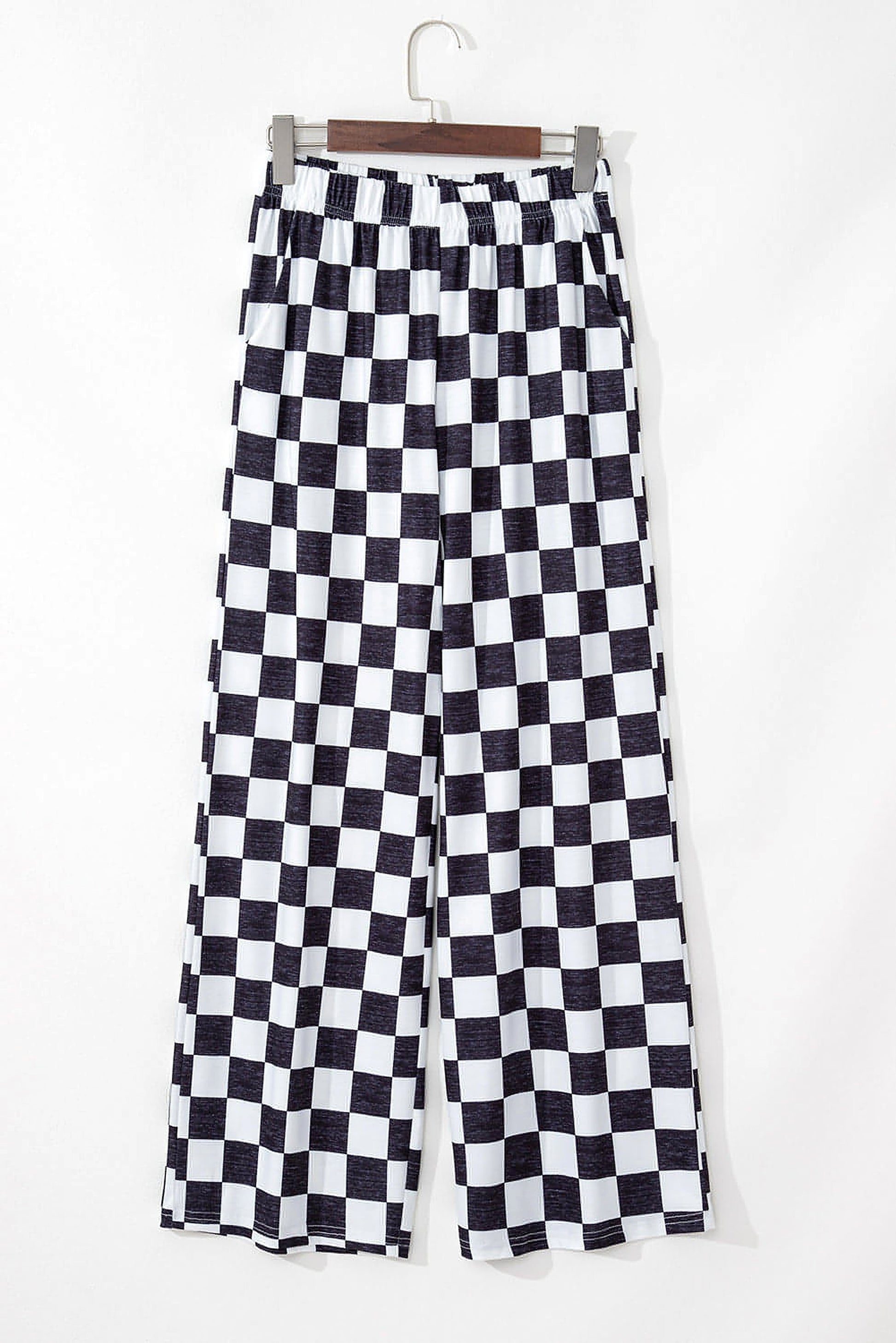 Black 2-Tone Checked Print High Waist Wide Leg Pants - enhanced image 5