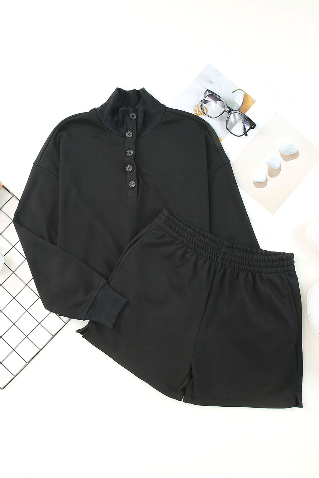 Black Casual High Neck Henley Top and Short Outfit - enhanced image 5