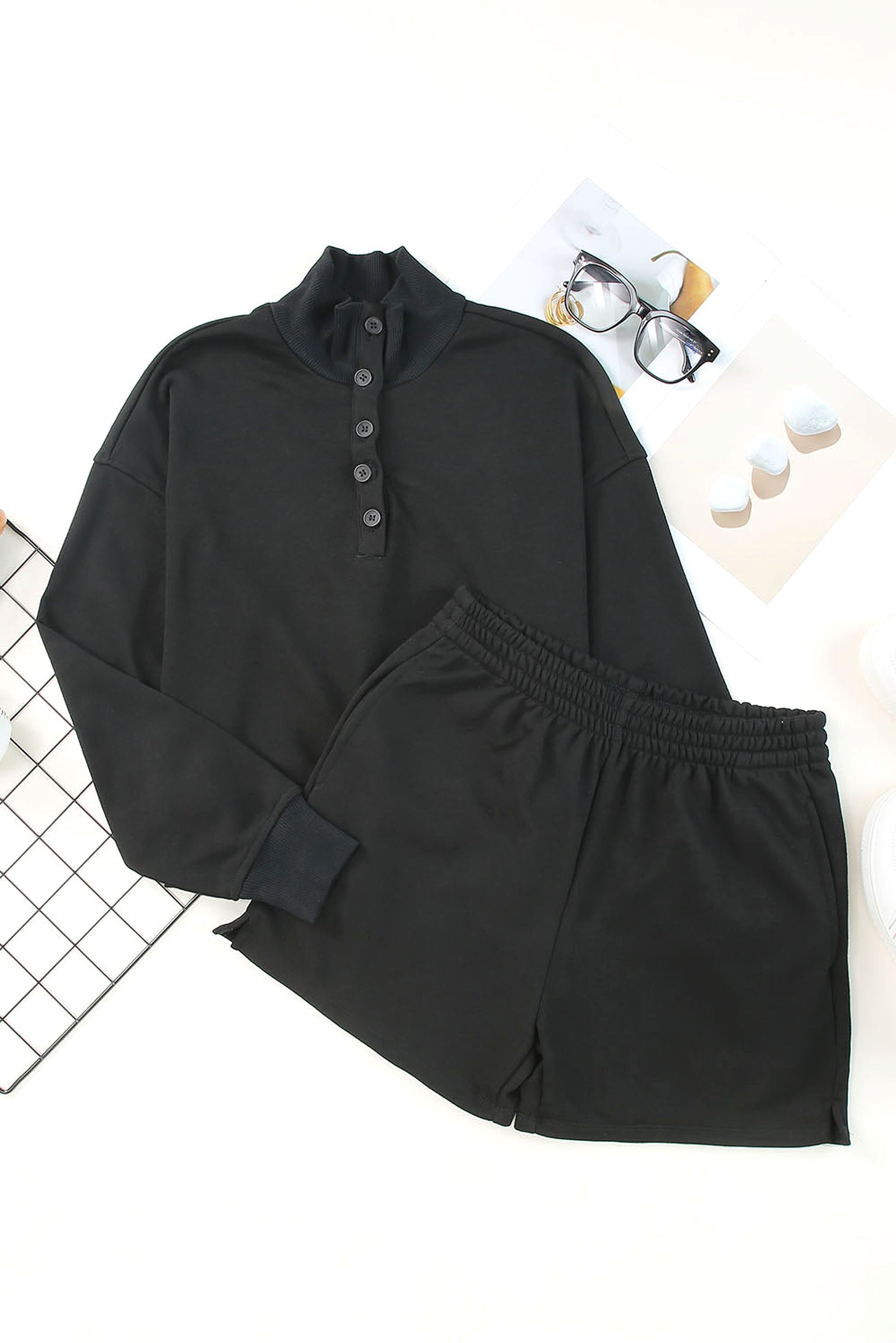 Black Casual High Neck Henley Top and Short Outfit - enhanced image 5