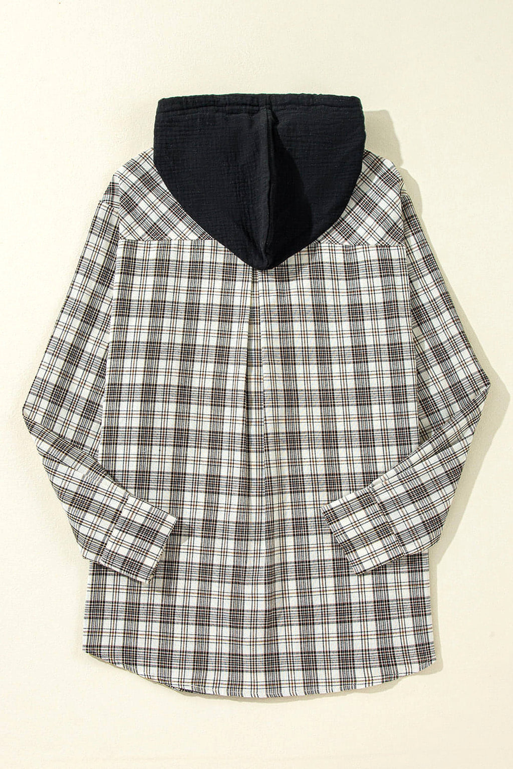 Black Checkered Print Loose Fit Buttoned Hooded Shacket - enhanced image 5