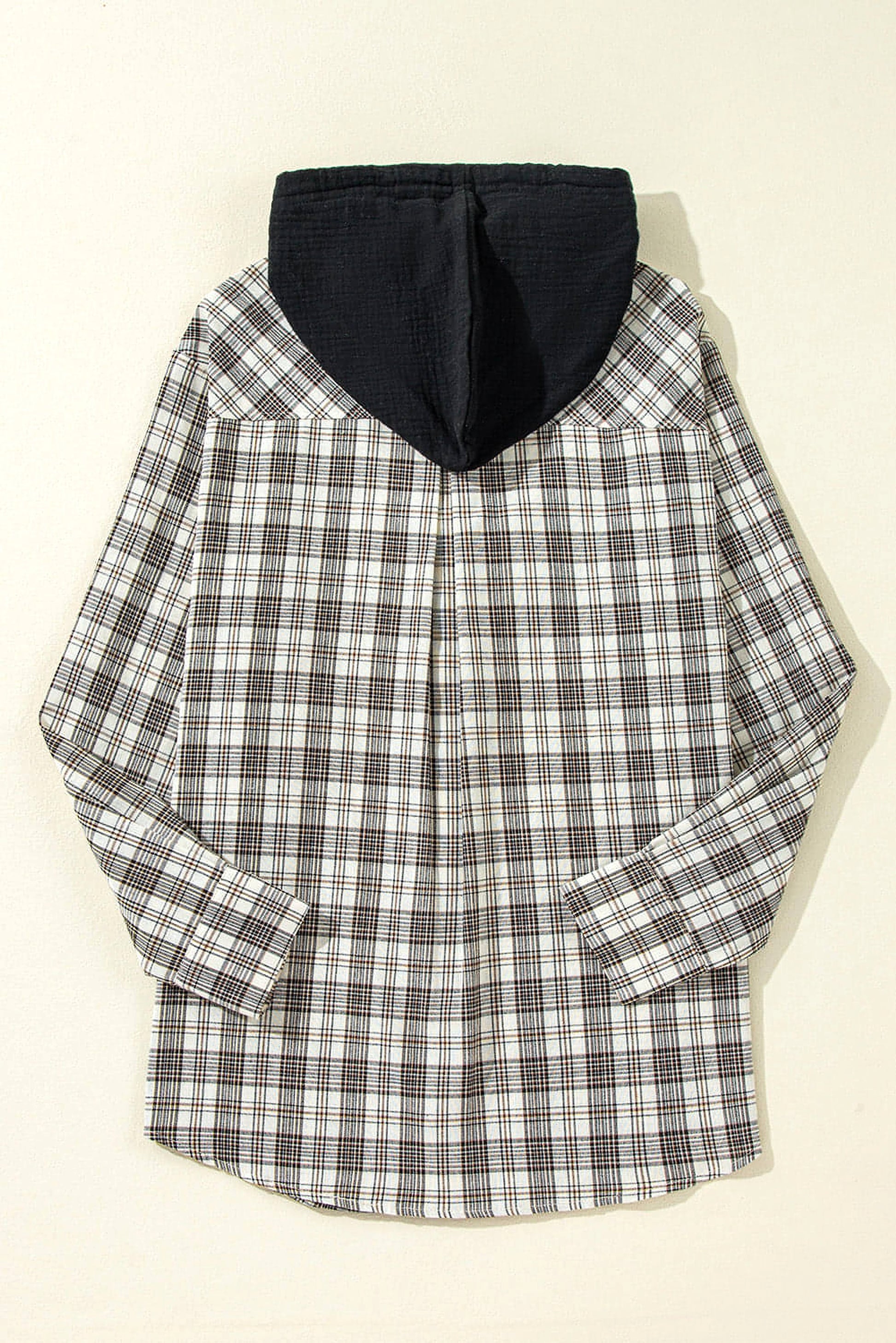 Black Checkered Print Loose Fit Buttoned Hooded Shacket - enhanced image 5