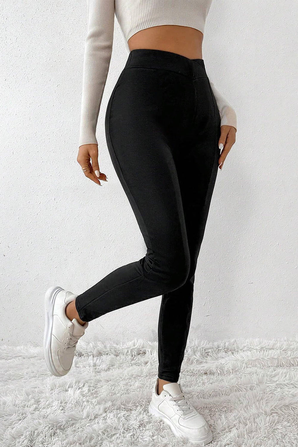 Black Crossed Waist Seamed Leg Thermal Leggings - enhanced image 5