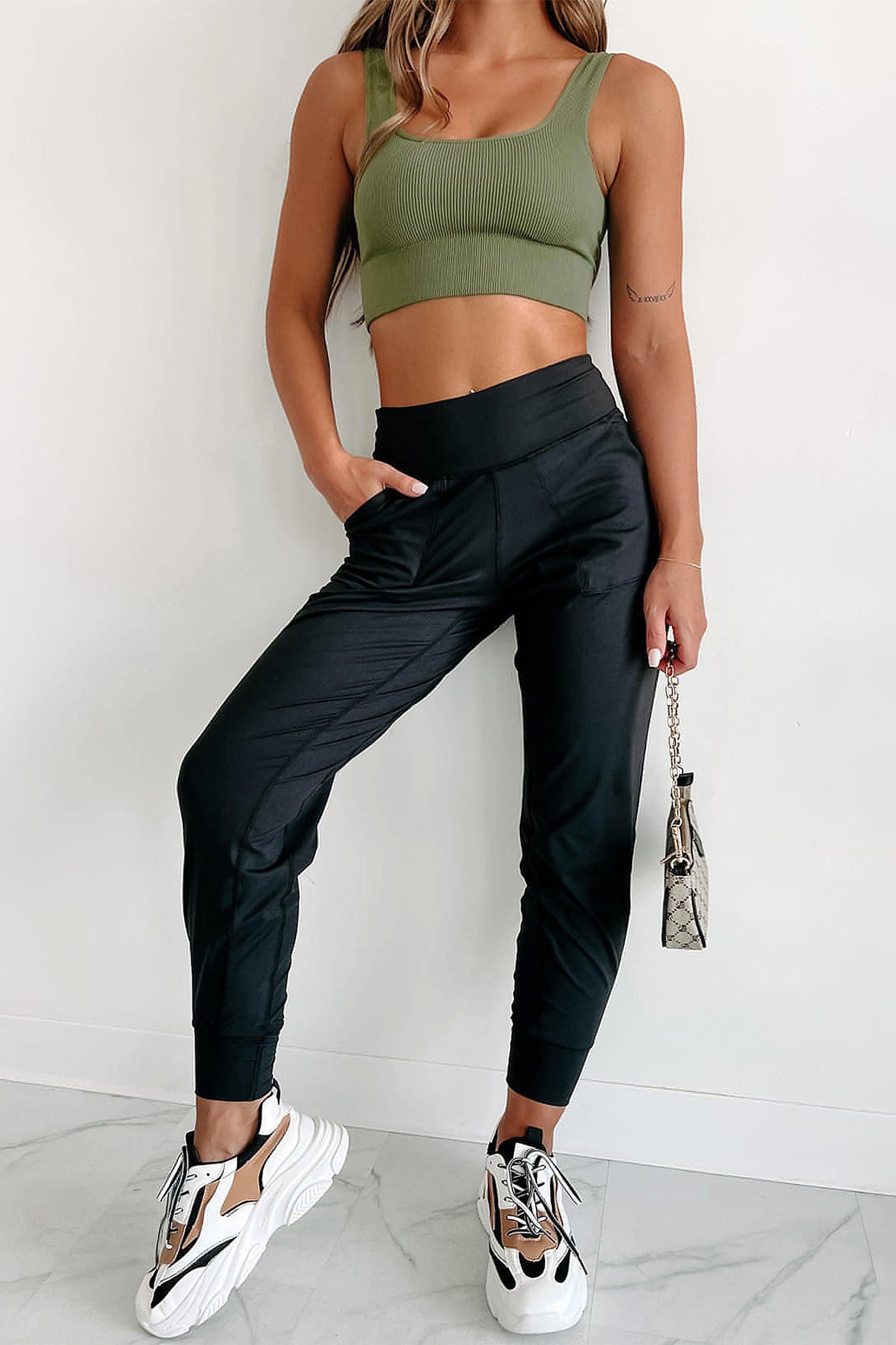 Black Exposed Seam High Waist Pocketed Joggers - enhanced image 5