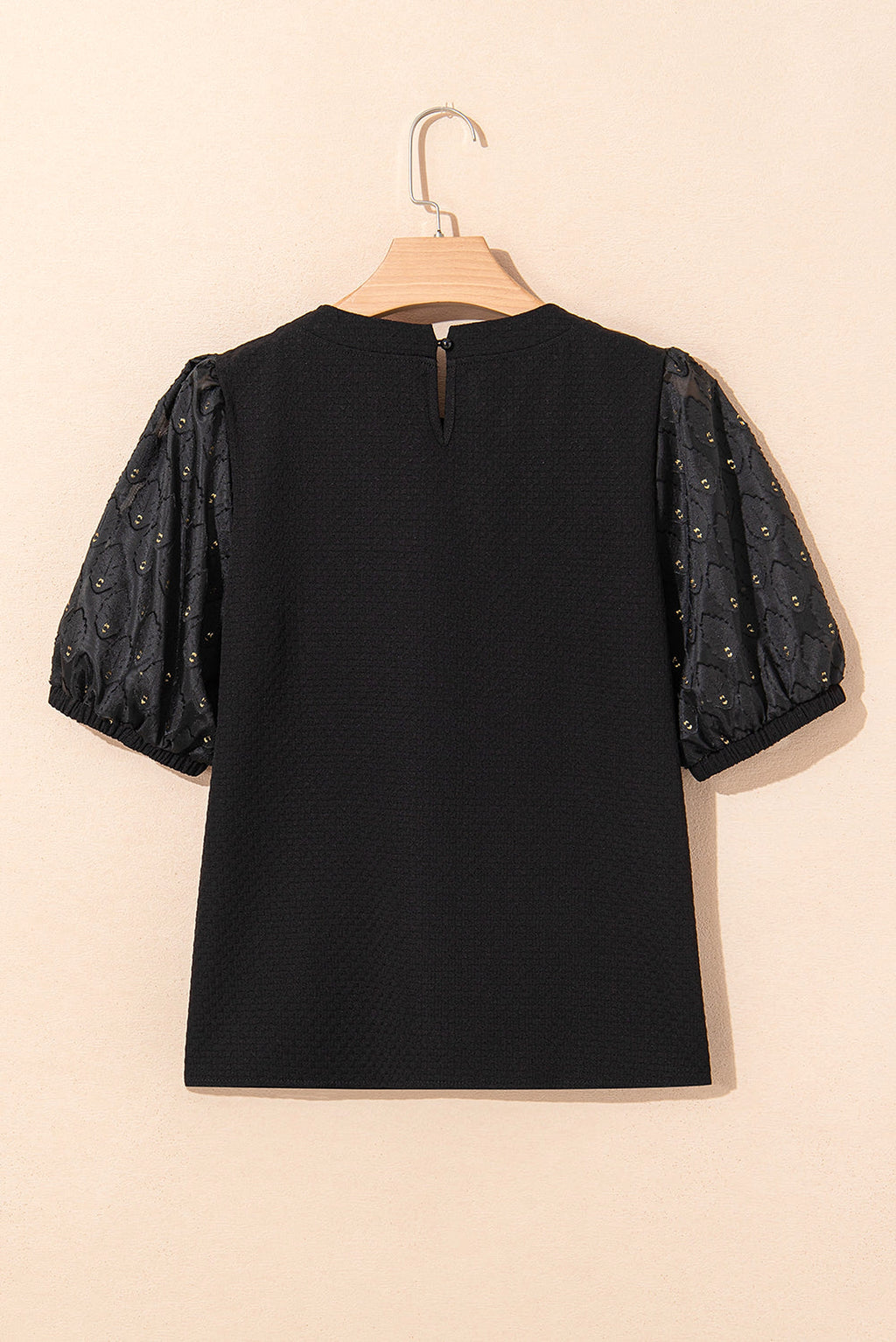 Black Feather Bubble Sleeve Patchwork Textured Blouse - enhanced image 5