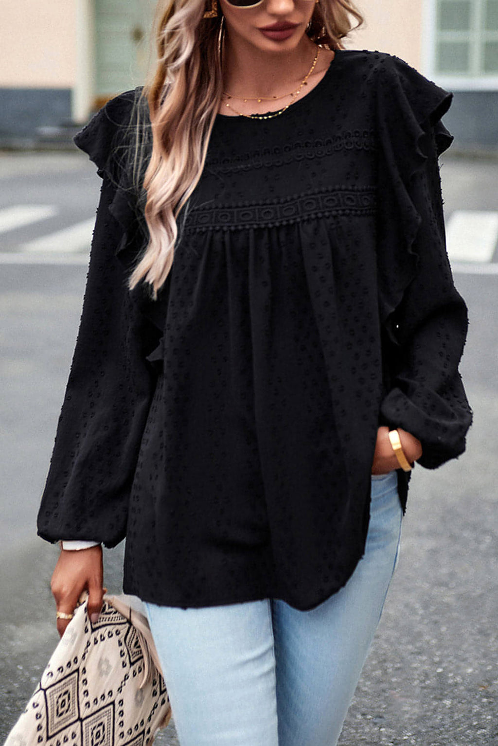Black Lace Eyelet Ruffle Shoulder Long Sleeve Blouse - enhanced image 5