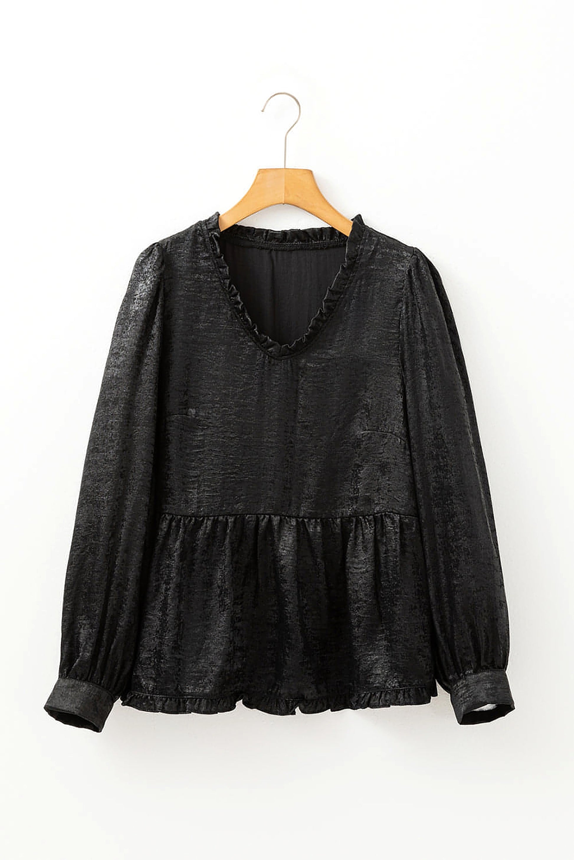 Black Metallic Frilled V Neck Puff Sleeve Babydoll Blouse - enhanced image 5