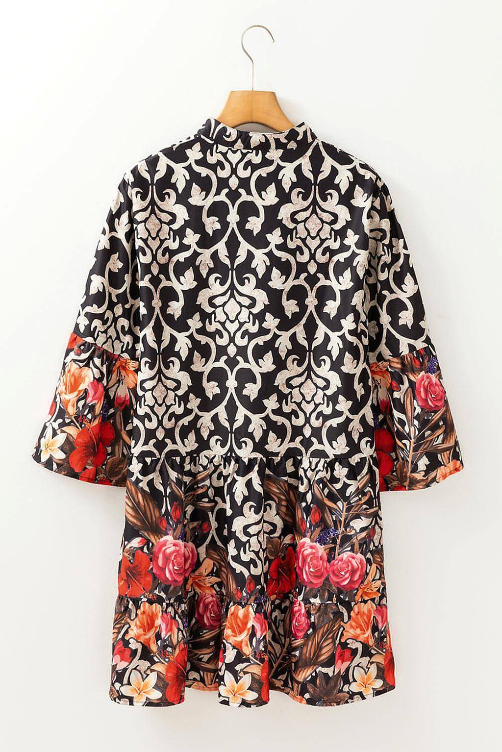 Black Retro Floral Mixed Print Split Neck A-line Dress - enhanced image 5