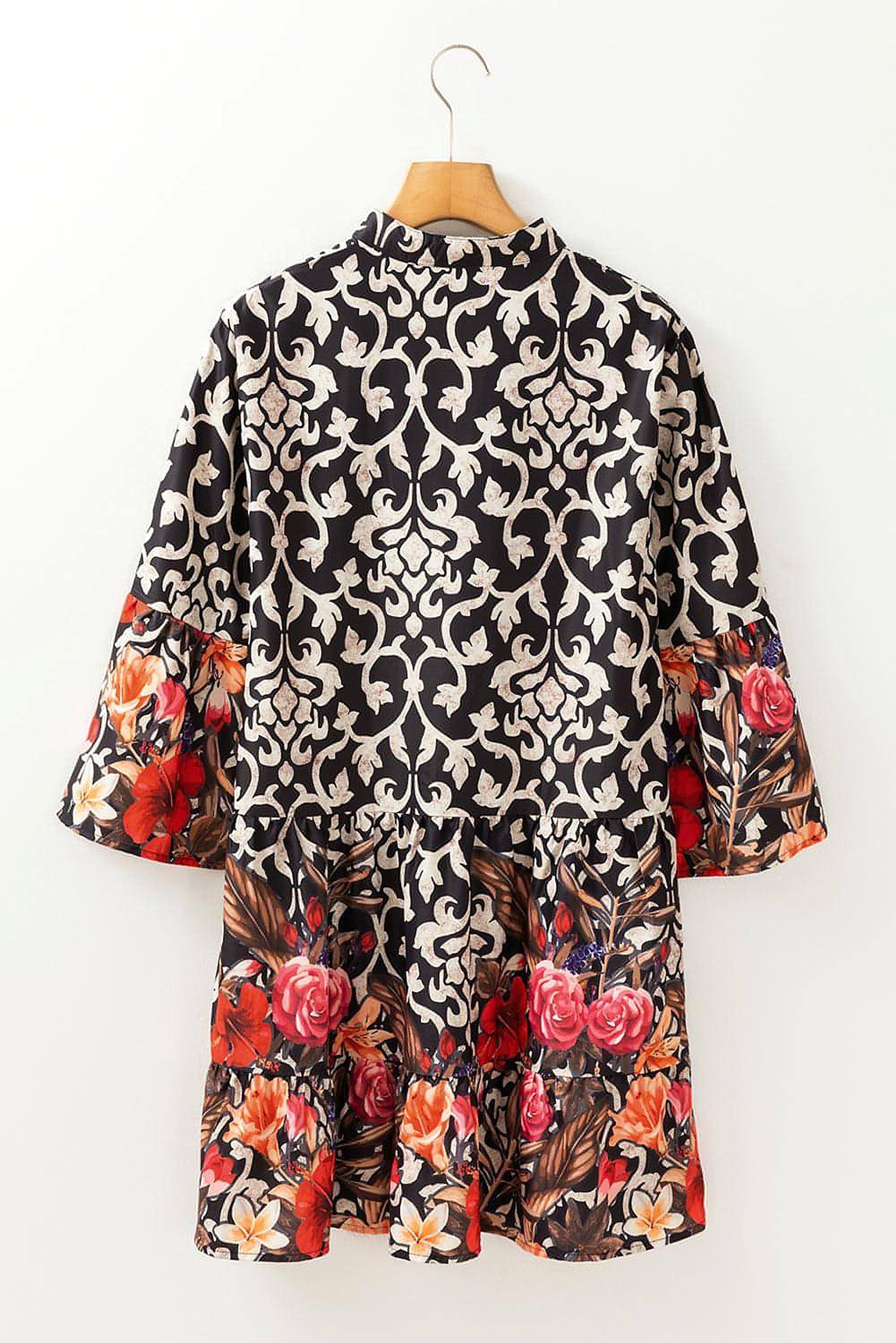 Black Retro Floral Mixed Print Split Neck A-line Dress - enhanced image 5