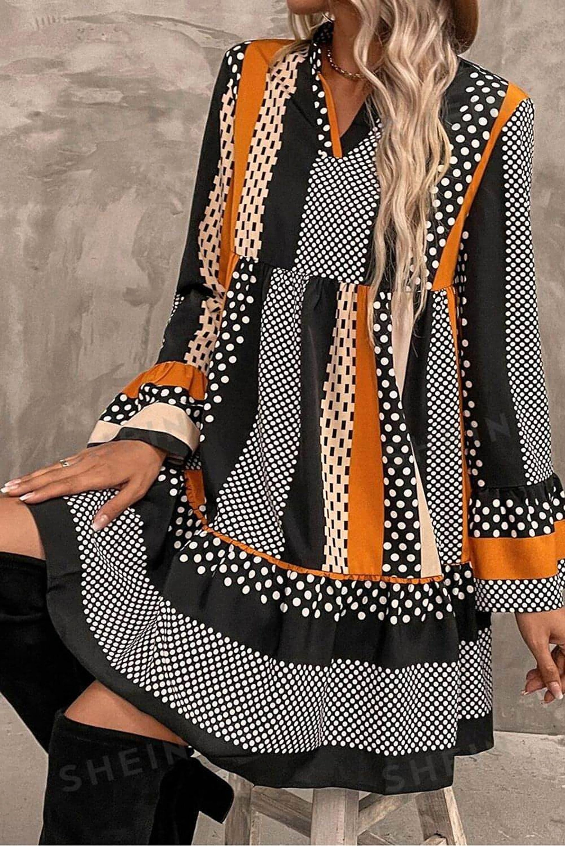 Black Striped Polka Dot Print Ruffled Hem V Neck Mini Dress - enhanced image 5