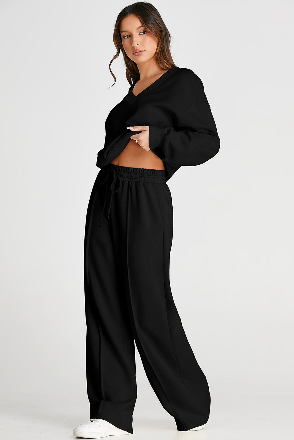 Black V Neck Cropped Seamed High Waist Sports Wear - enhanced image 5