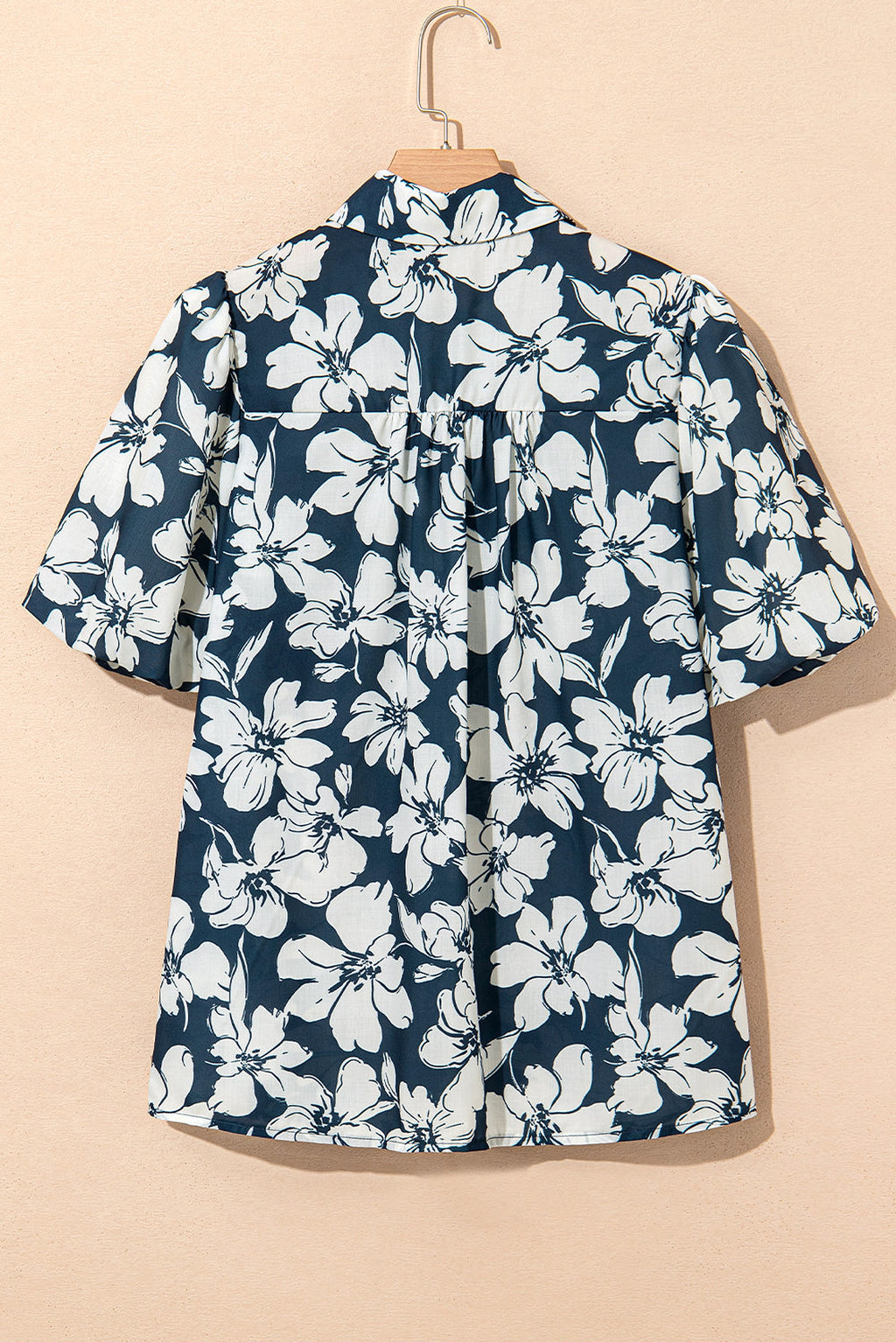 Blue Floral Short Puff Sleeve Summer Shirt - enhanced image 5
