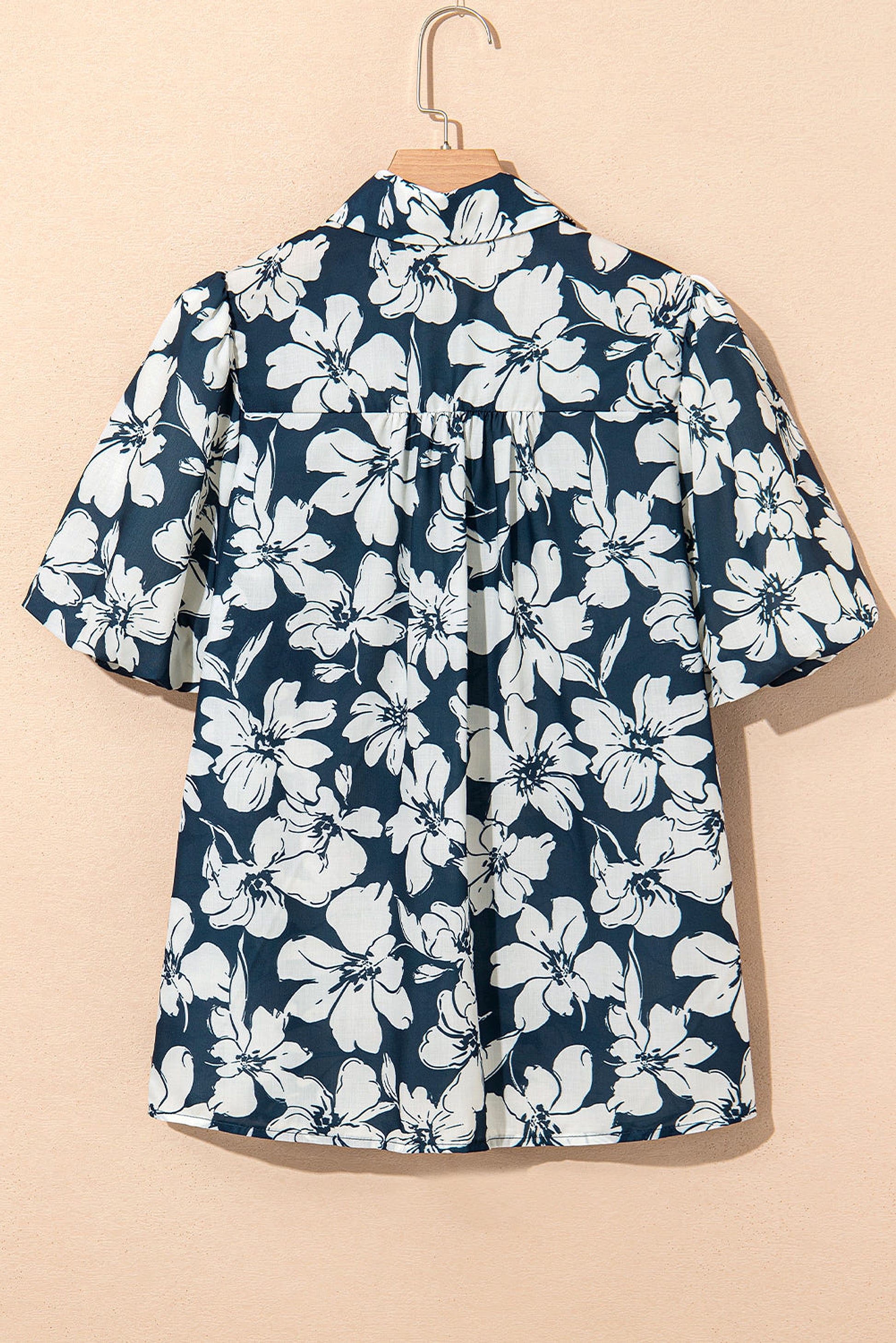 Blue Floral Short Puff Sleeve Summer Shirt - enhanced image 5