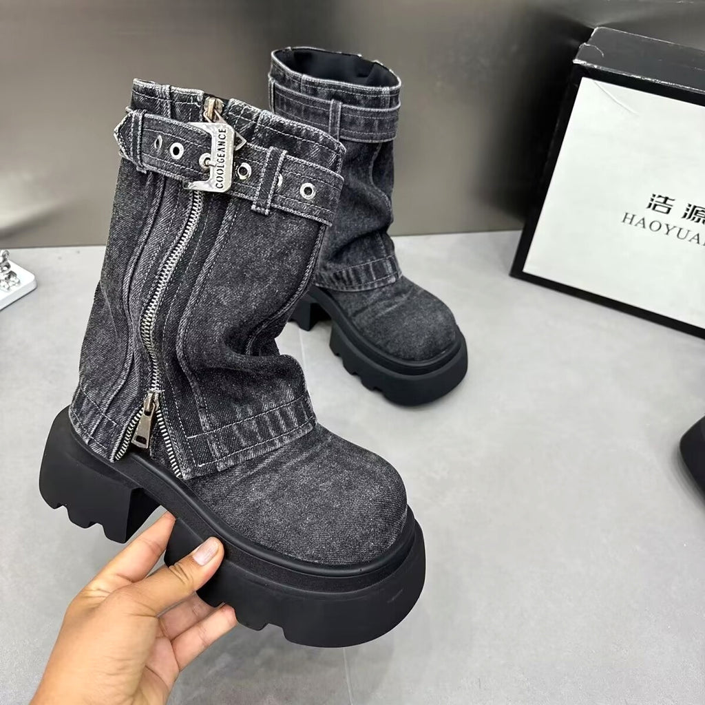 Boots Denim Fake Two Pieces Pile Style Boots Motorcycle Boots - enhanced image 5