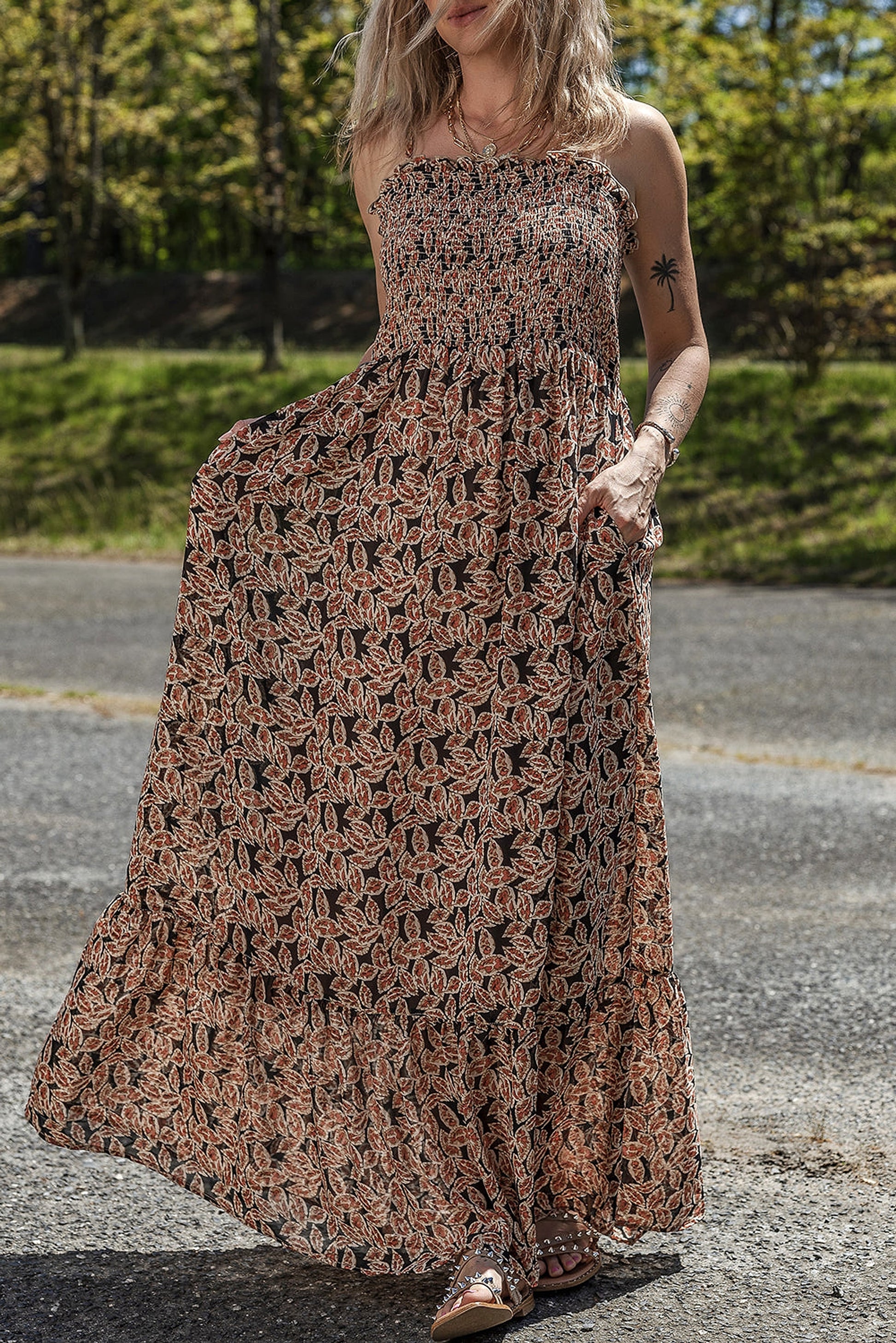 Brown Floral Smocked Bodice High Waist Flowy Sun Dress - enhanced image 5