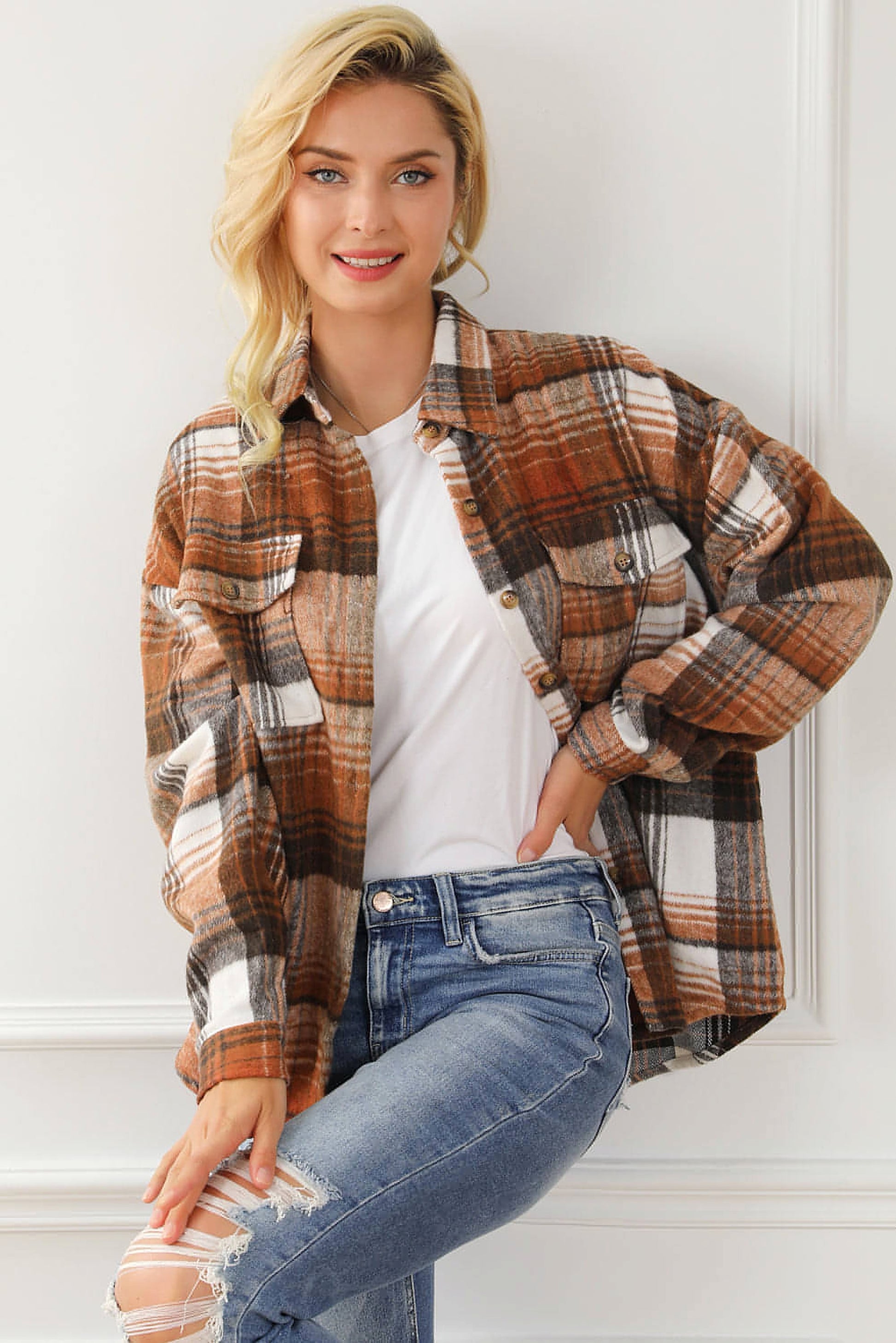 Brown Plaid Flap Pockets Shacket - enhanced image 5