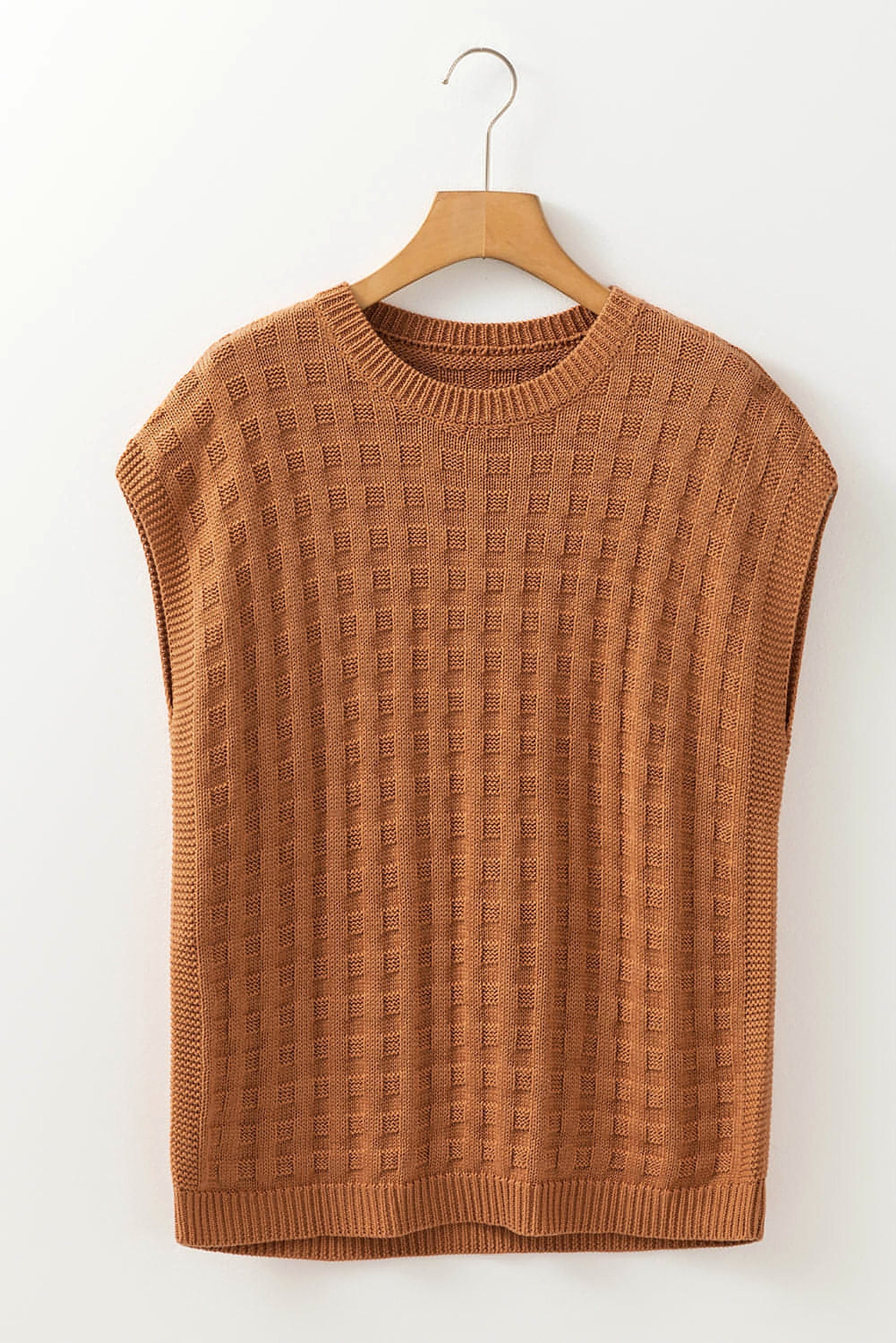 Camel Round Neck Textured Knit Sweater Vest - enhanced image 5