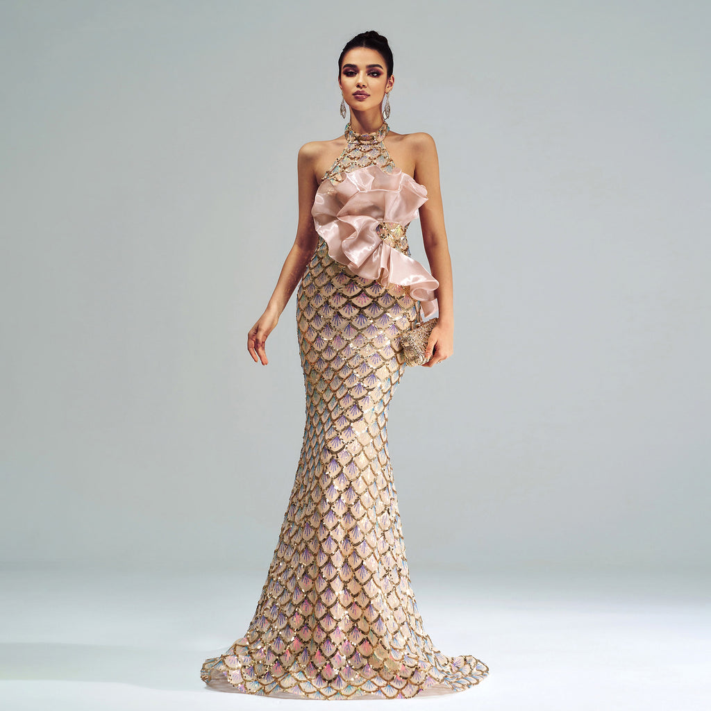 “Champagne Glam” Halter Mermaid Dress – Luxury for Elite Occasions - enhanced image 5