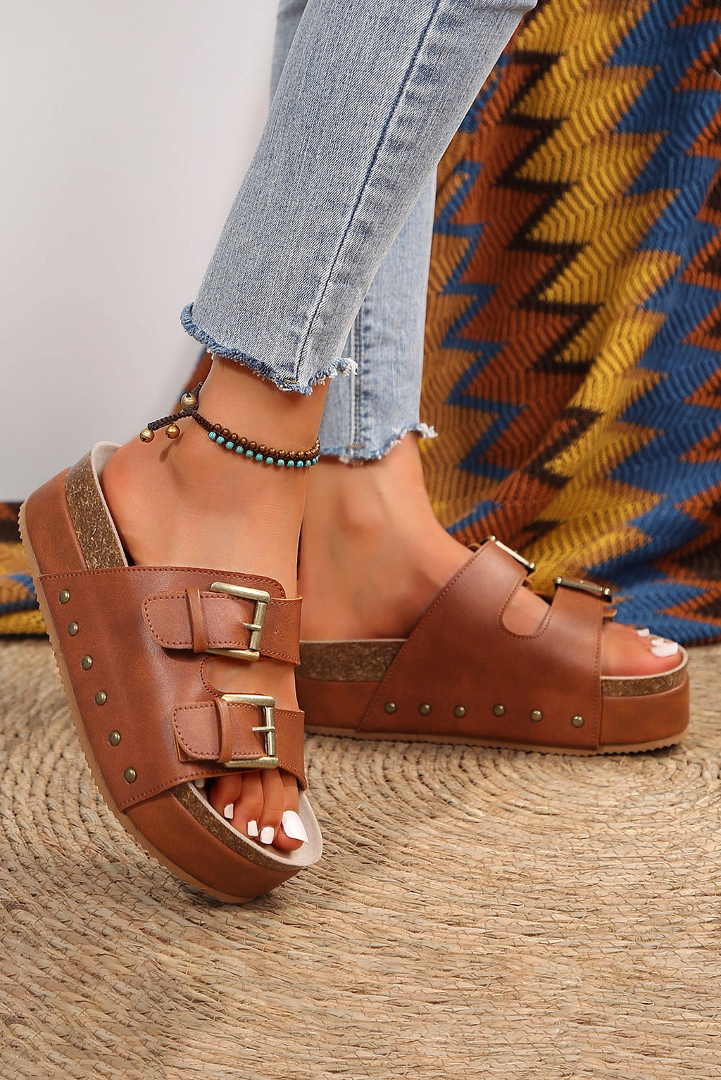 Chestnut Dual Buckle Studded Platform Sandal Slippers - enhanced image 5