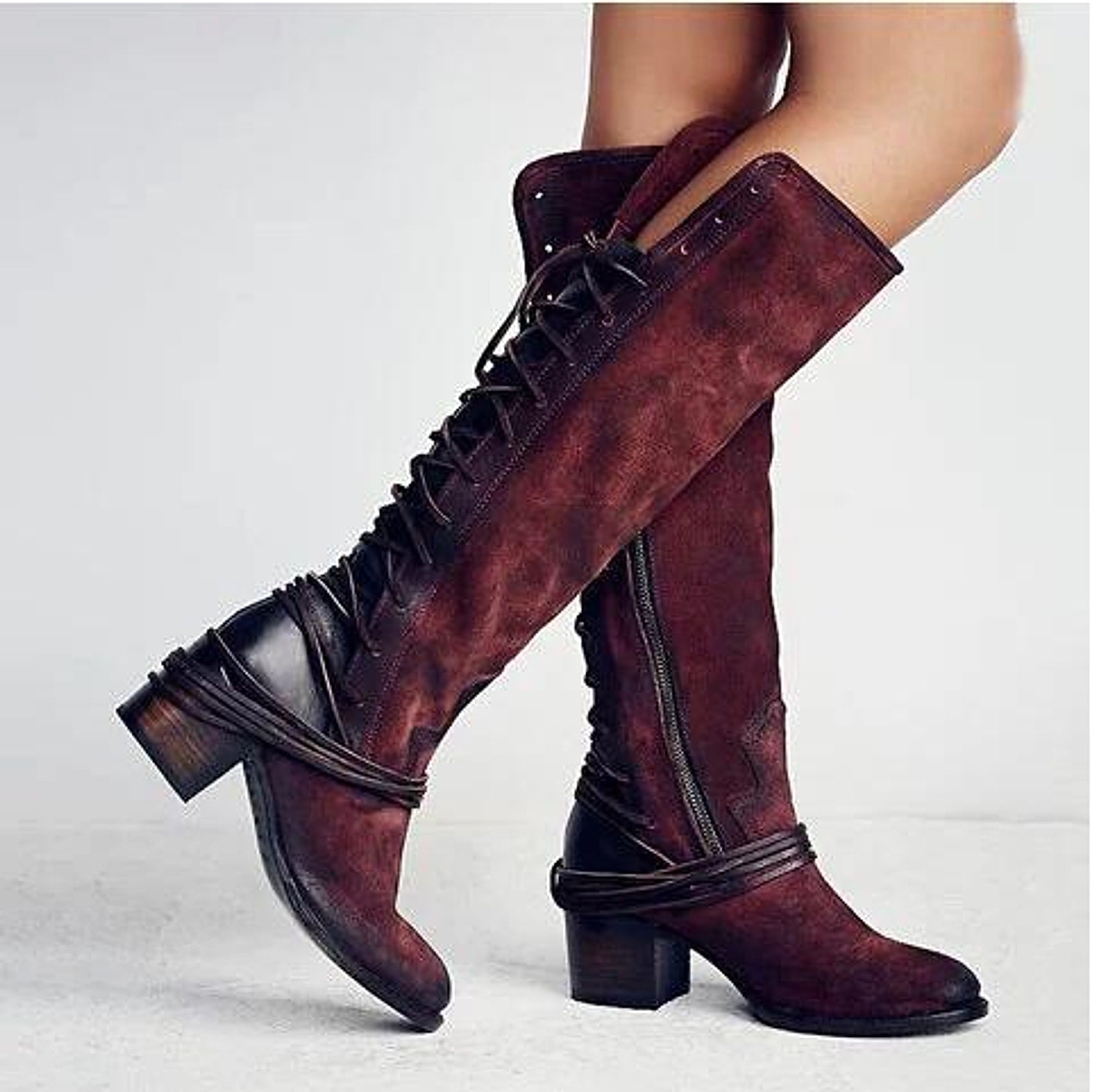 Chunky Heel High Heel Back Bandage Tall Knight Boots Women - enhanced image 5