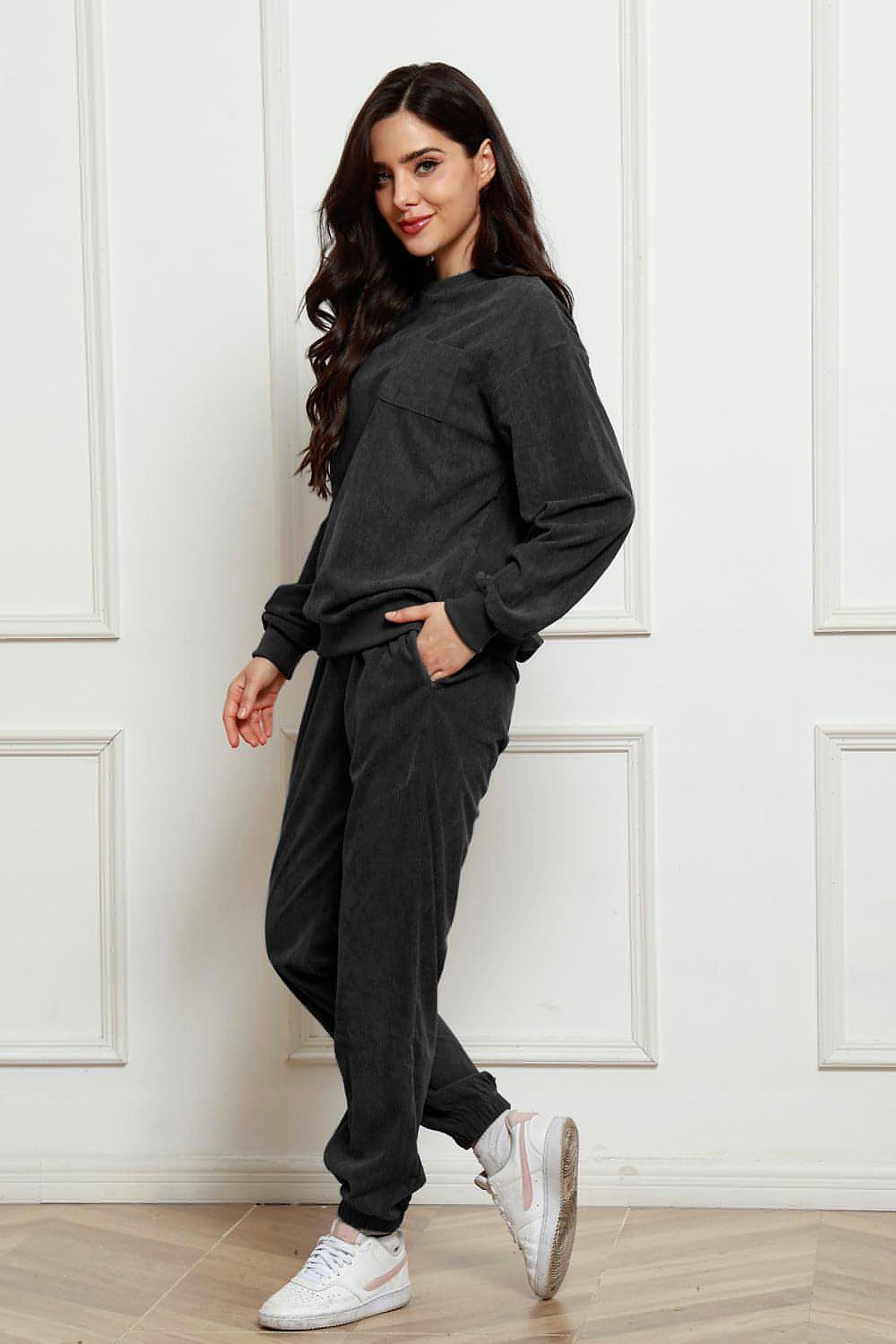 Corduroy Round Neck Sweatshirt and Sweatpants Set - enhanced image 5