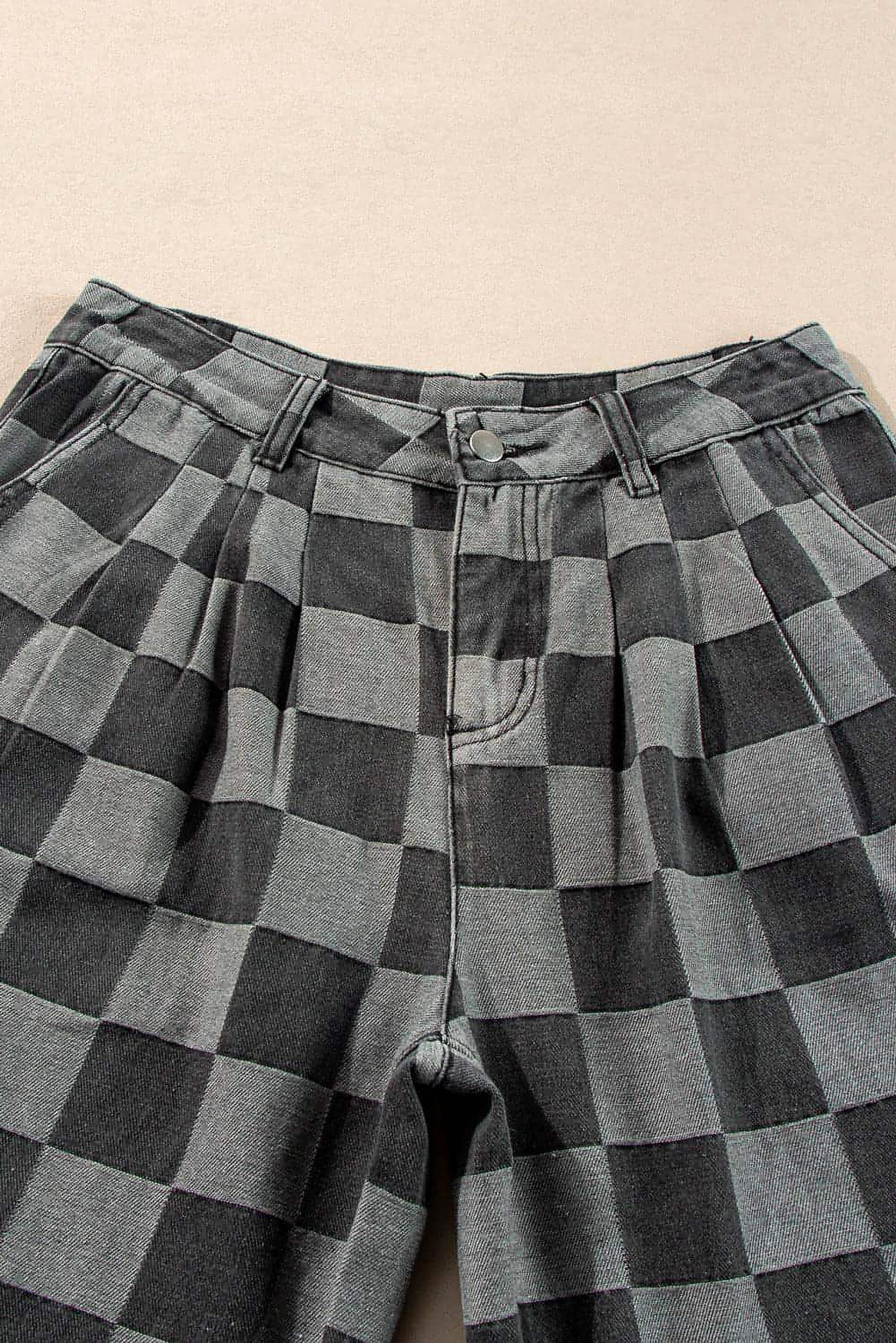 Dark Grey Checkered Denim Wide Leg Jeans - enhanced image 5