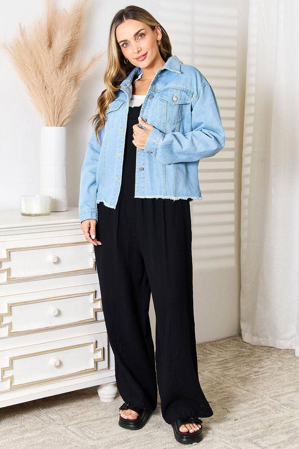 Double Take Dropped Shoulder Raw Hem Denim Jacket - enhanced image 5