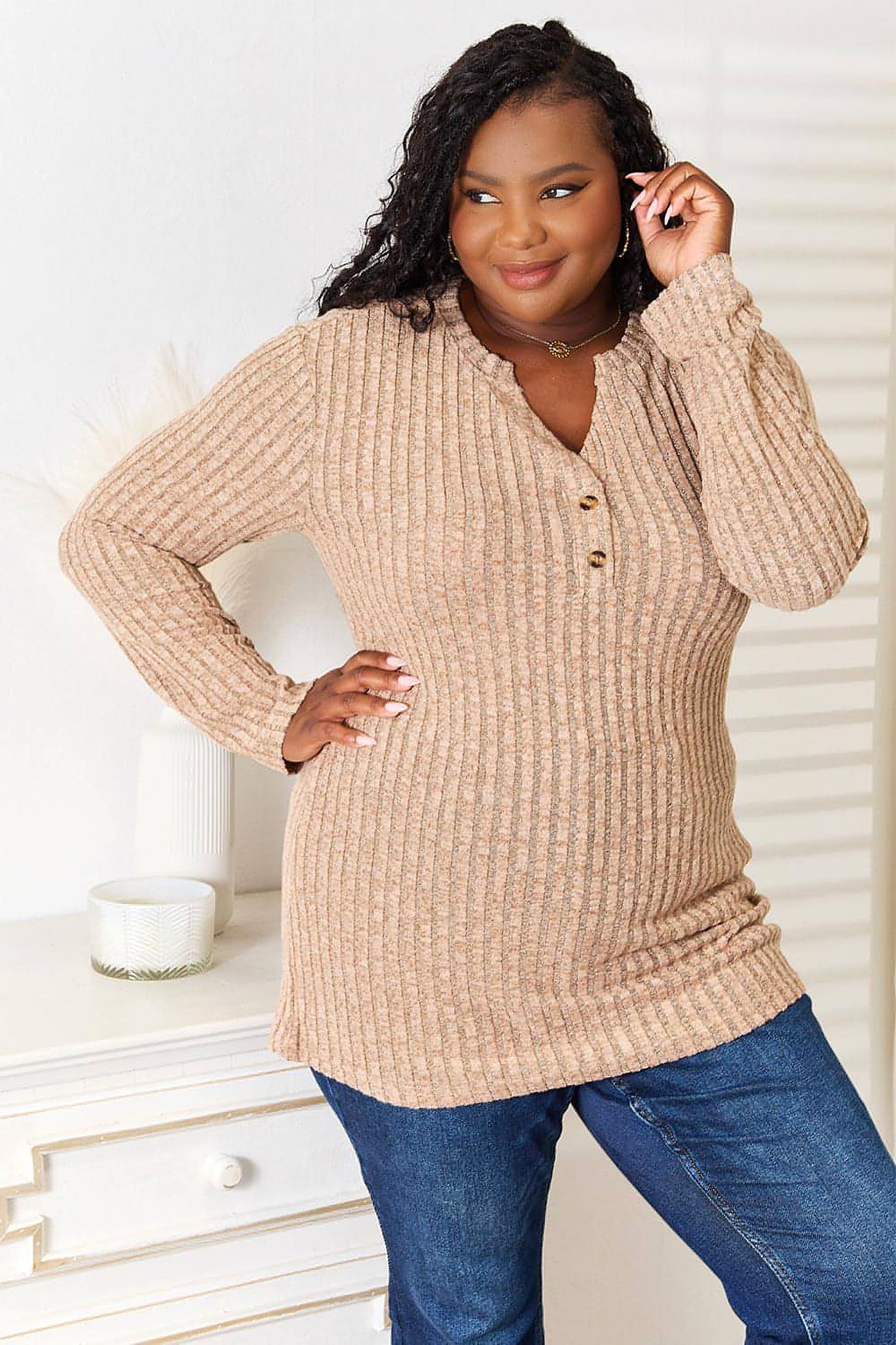 Double Take Notched Neck Ribbed Long Sleeve T-Shirt - enhanced image 5