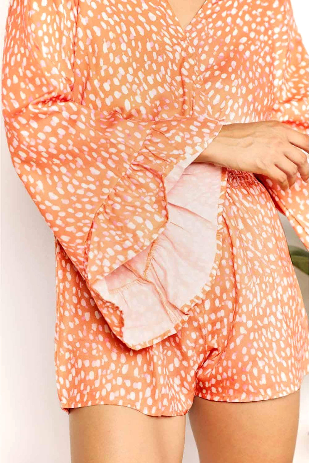 Double Take Printed Flare Sleeve Surplice Romper - enhanced image 5