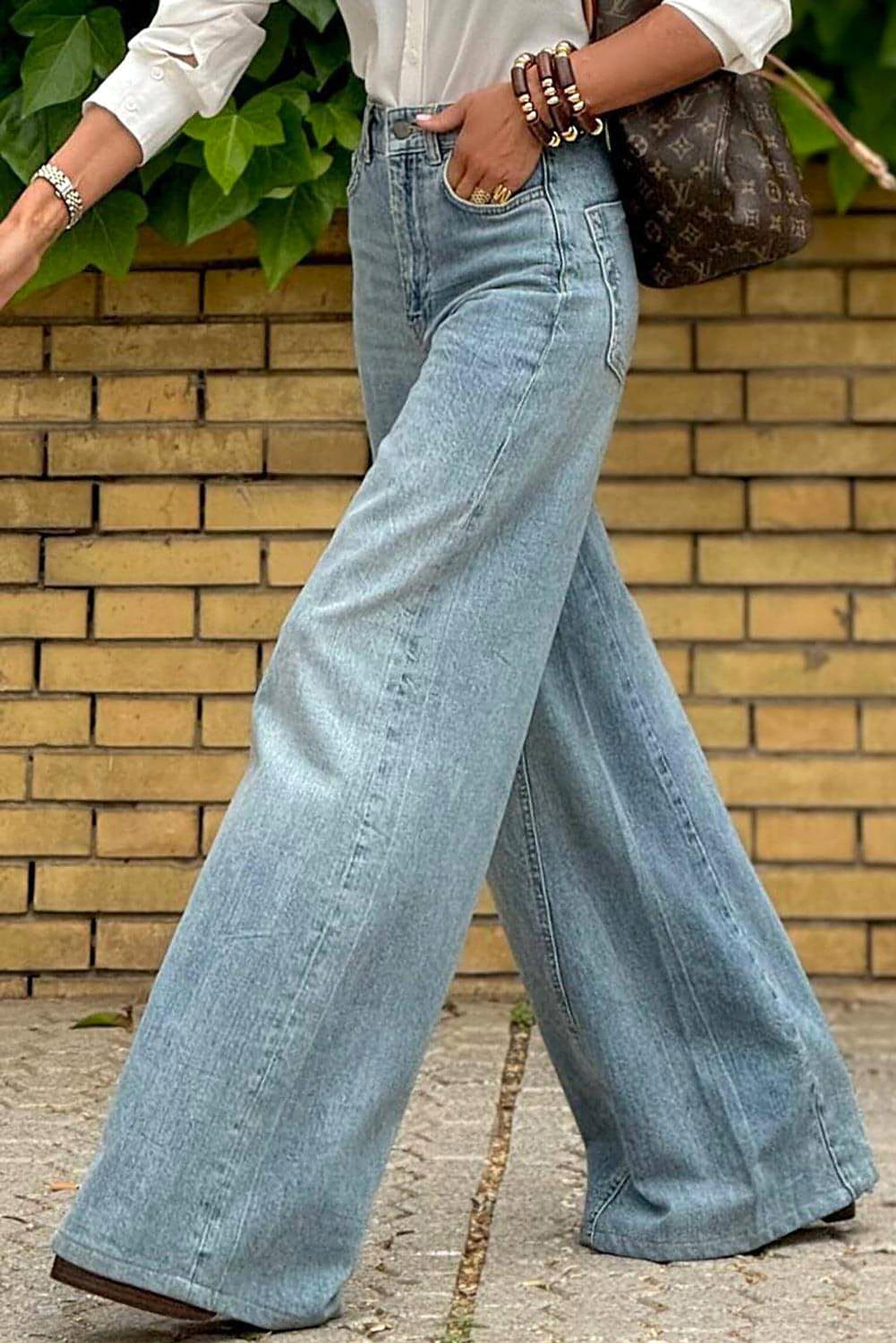 Dusk Blue Acid Wash Extra Wide Leg High Waist Long Jeans. - enhanced image 5
