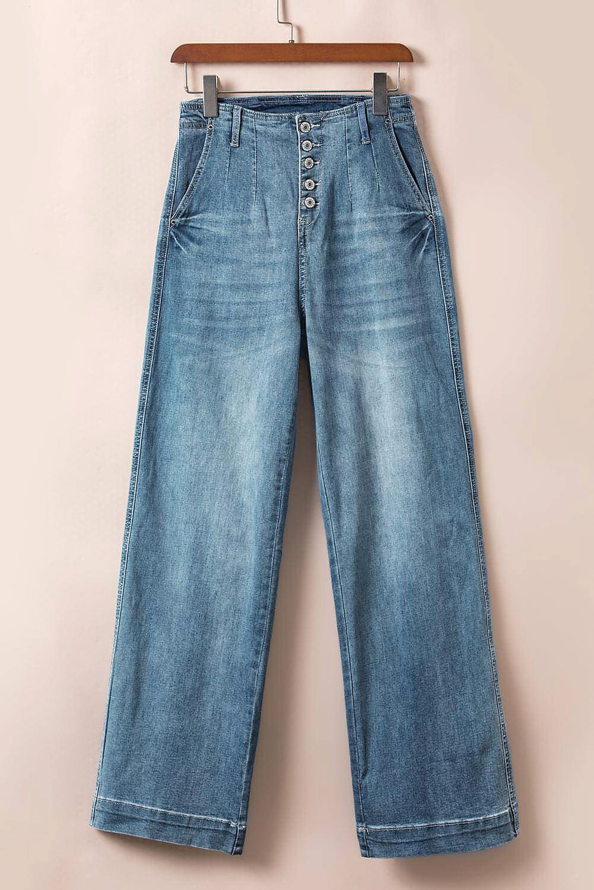 Dusk Blue Multi Buttons Medium Wash Straight Loose Leg Jeans - enhanced image 5