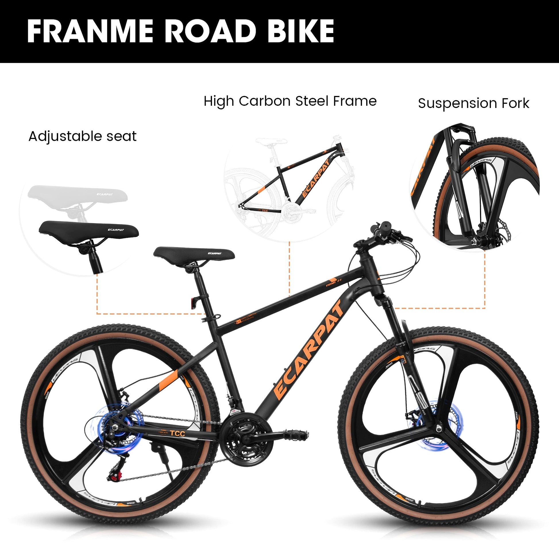 Ecarpat™ Racing MODERNA – 27.5" Hybrid MTB (21-Speed, Dual Disc, Black-Orange) - enhanced image 5
