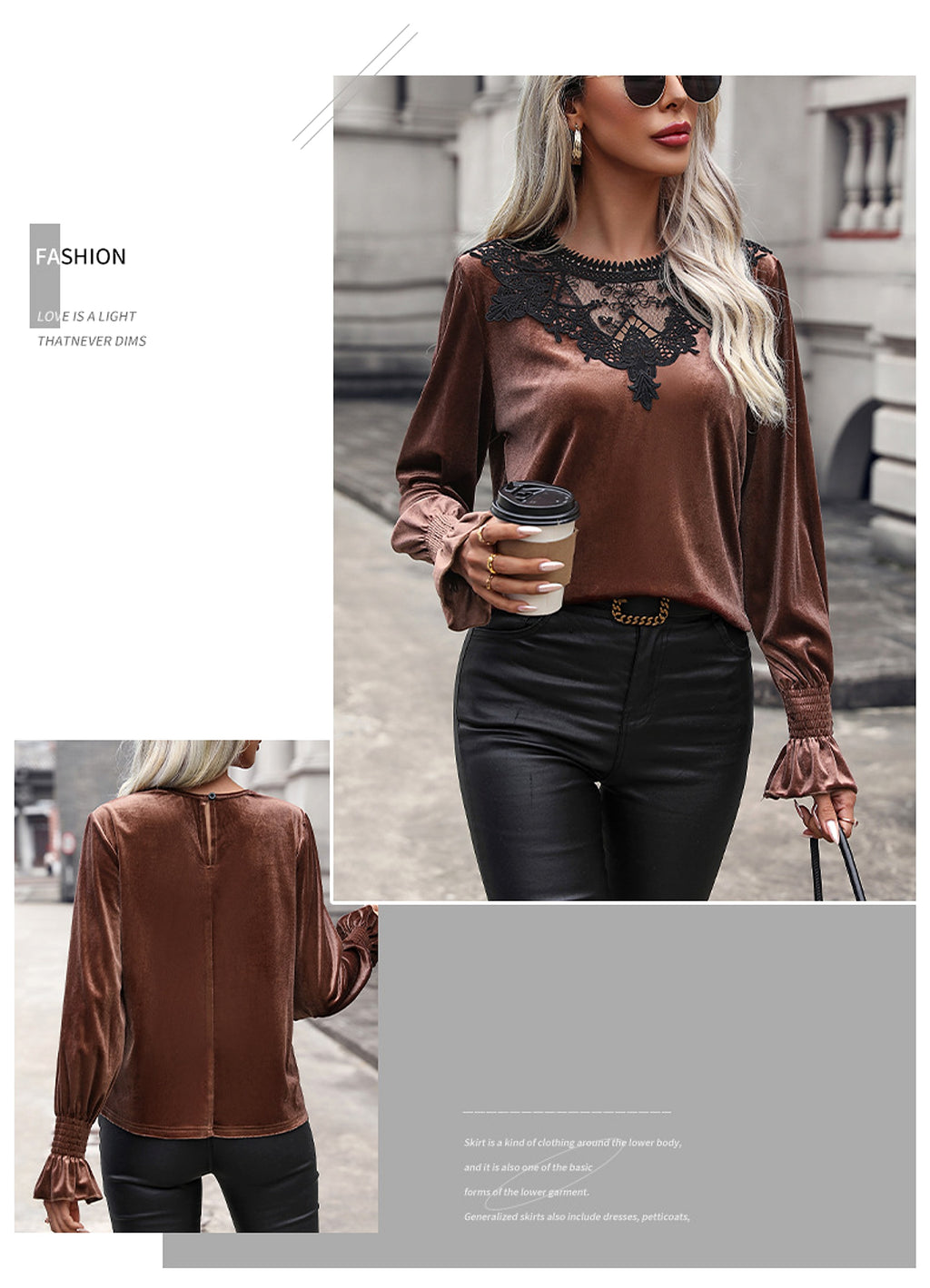 Elegant Velvet T-shirt Lace Stitching Smocking Loose Long Sleeve Top - enhanced image 5