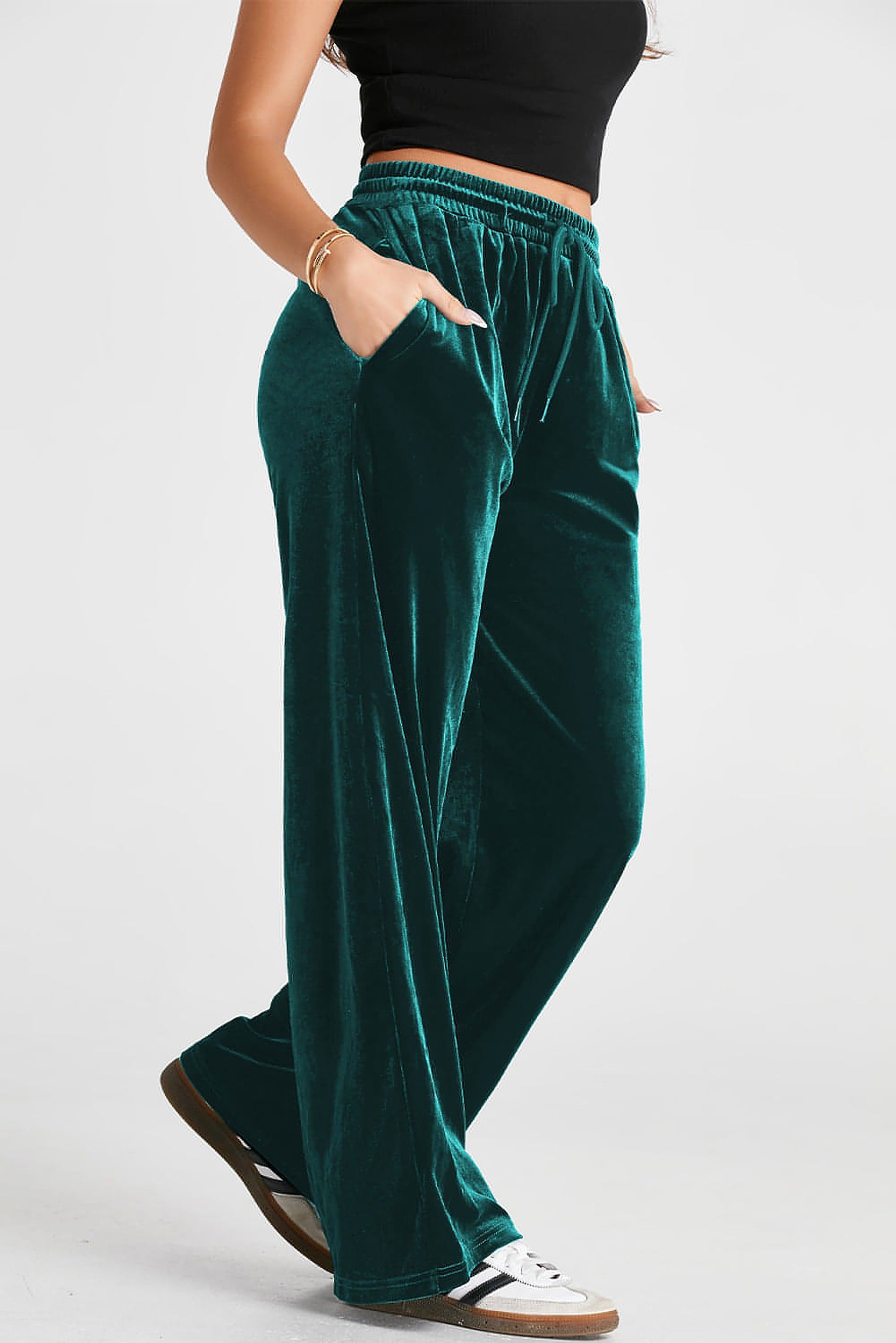 Evergreen Solid Drawstring Waist Wide Leg Pants - enhanced image 5