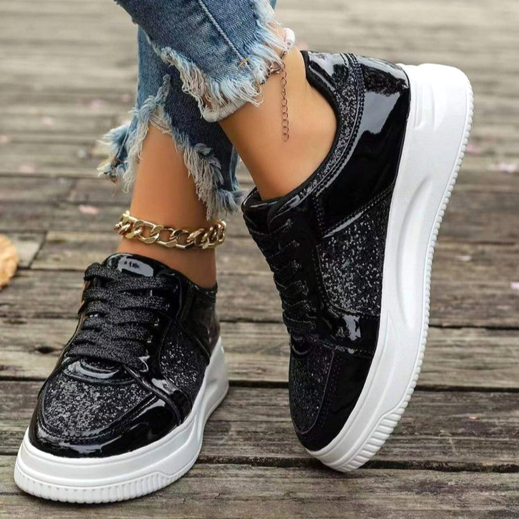Fashion Lace-up Flat Shoes With Sequin Design Casual Sports Thick Bottom Round Toe Shoes For Women Non-slip Walking Sneakers - enhanced image 5