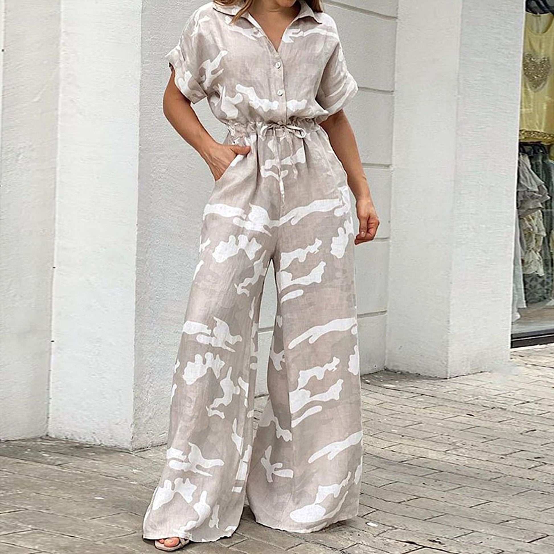 Fashion Polo Collar Printed Button Lace-up Jumpsuit - enhanced image 5