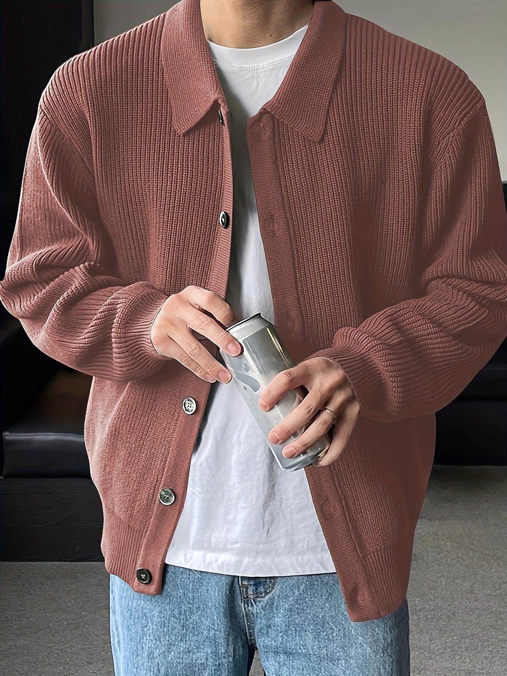 Fashion Solid Color Simple Men's Knitwear Cardigan Sweater Coat - enhanced image 5