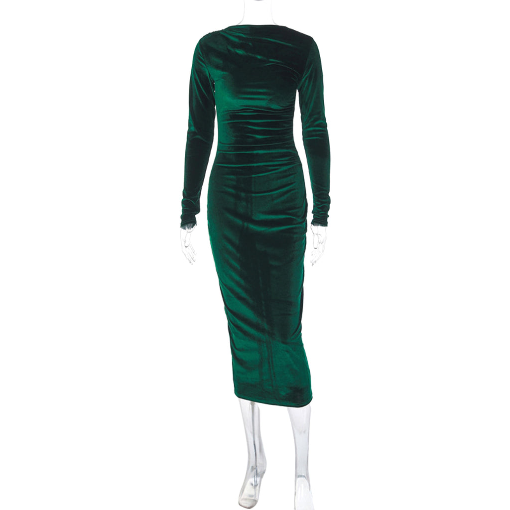 A1. Fashion Solid Color Slim Pleated Round-neck Long-sleeved Dress - enhanced image 5