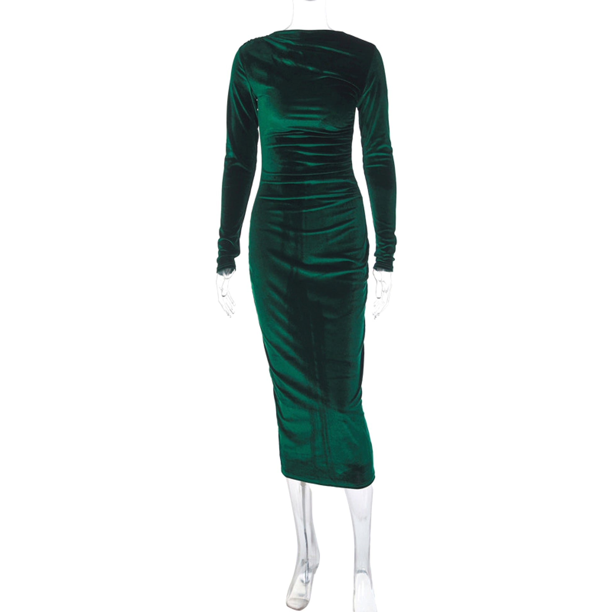 A1. Fashion Solid Color Slim Pleated Round-neck Long-sleeved Dress - enhanced image 5