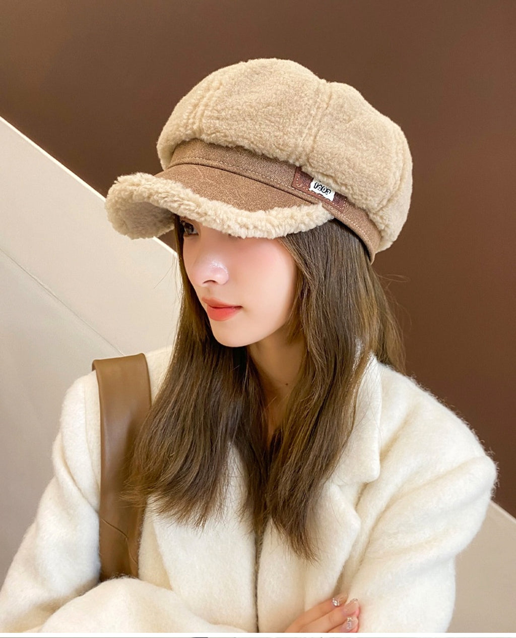 Faux Cashmere Fashion Leather Tag Octagonal Winter Warm Peaked Cap Hat - enhanced image 5
