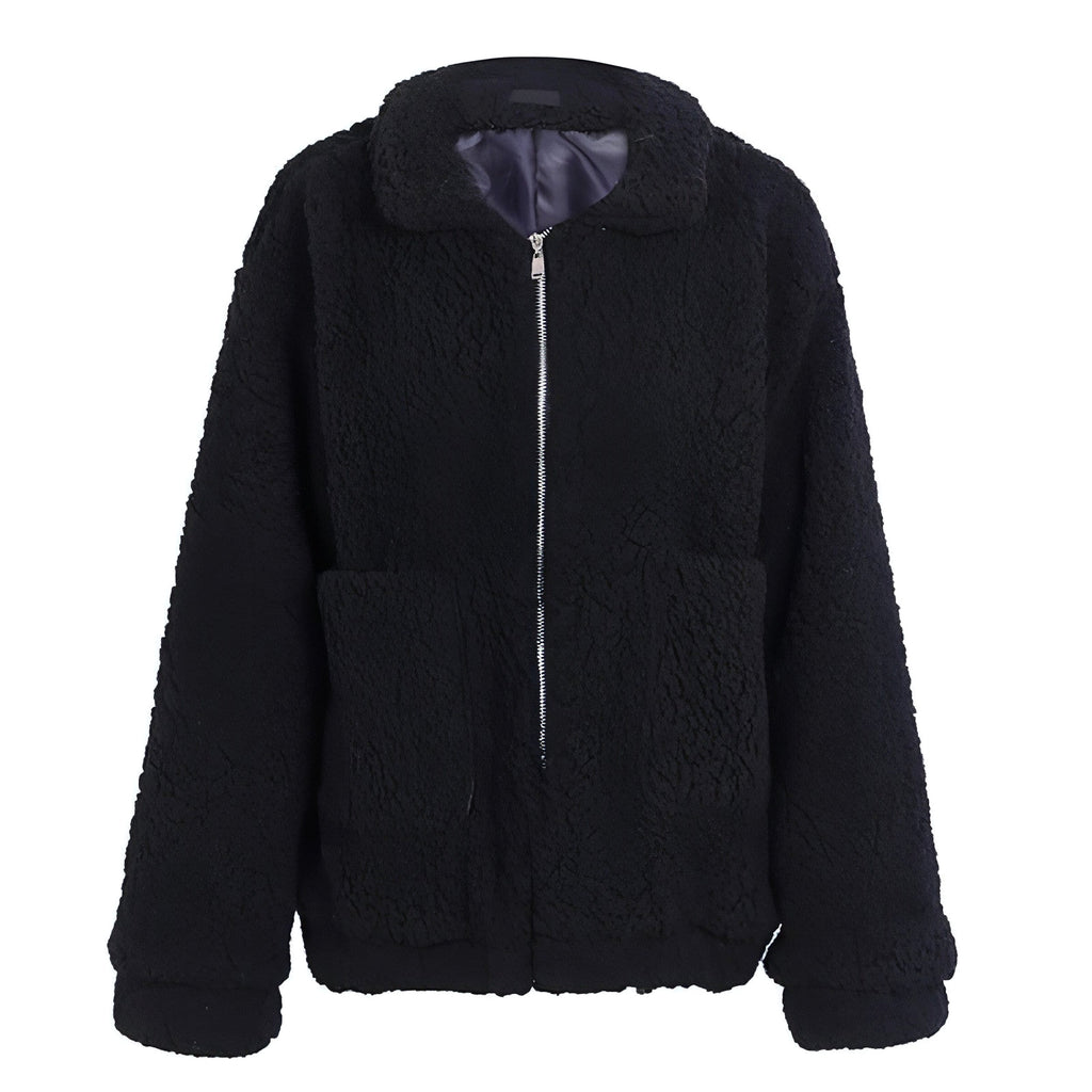 Faux lambswool oversized jacket coat Winter black warm hairly jacket Women autumn outerwear - enhanced image 5