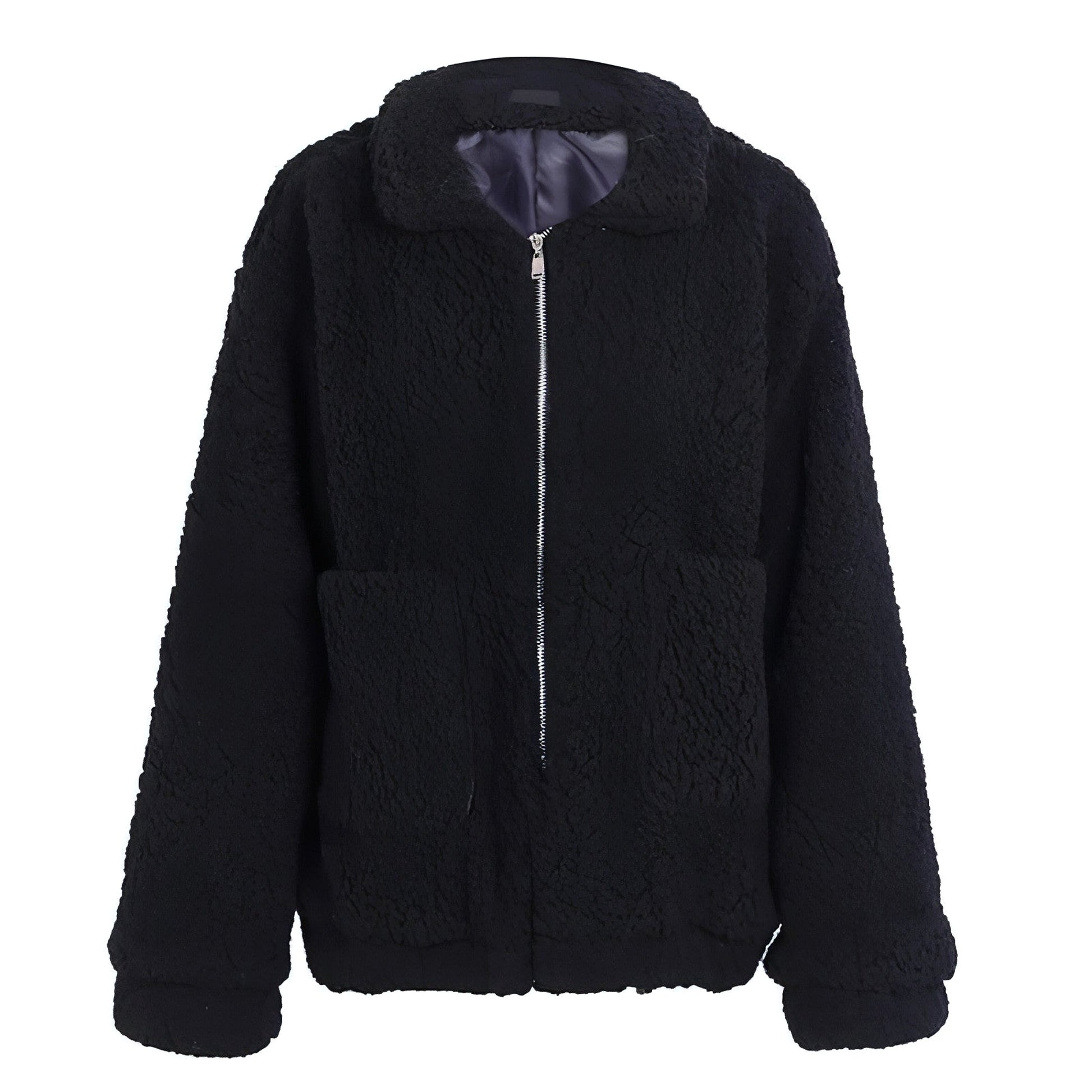 Faux lambswool oversized jacket coat Winter black warm hairly jacket Women autumn outerwear - enhanced image 5