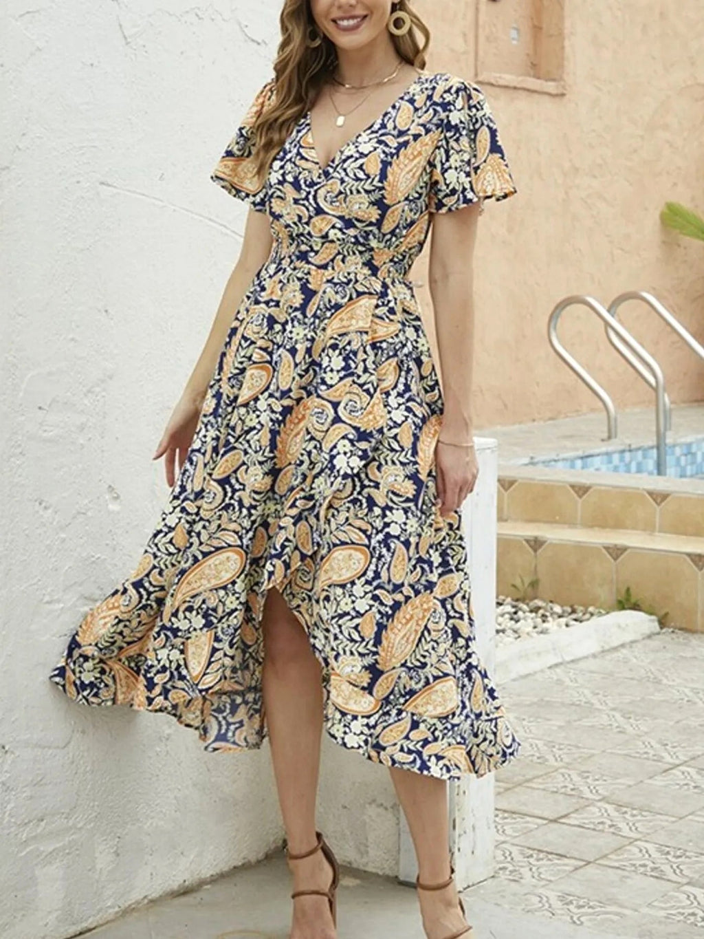 Floral Print Short Sleeve Wrap Midi Dress - enhanced image 5