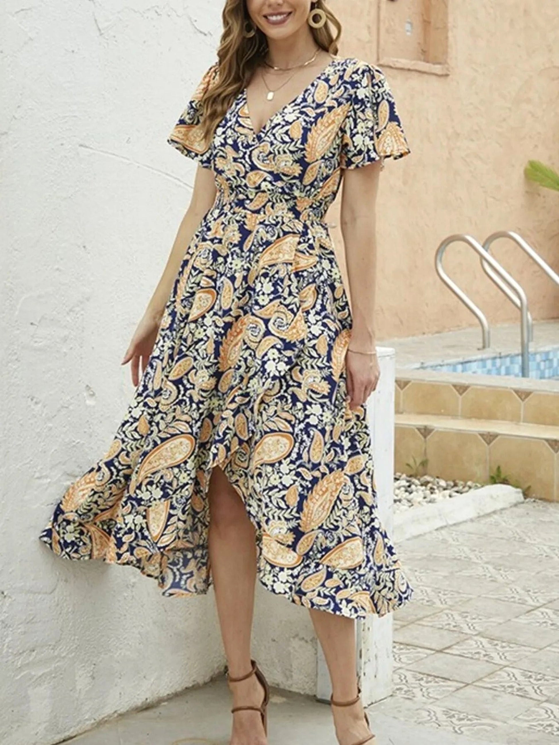 Floral Print Short Sleeve Wrap Midi Dress - enhanced image 5