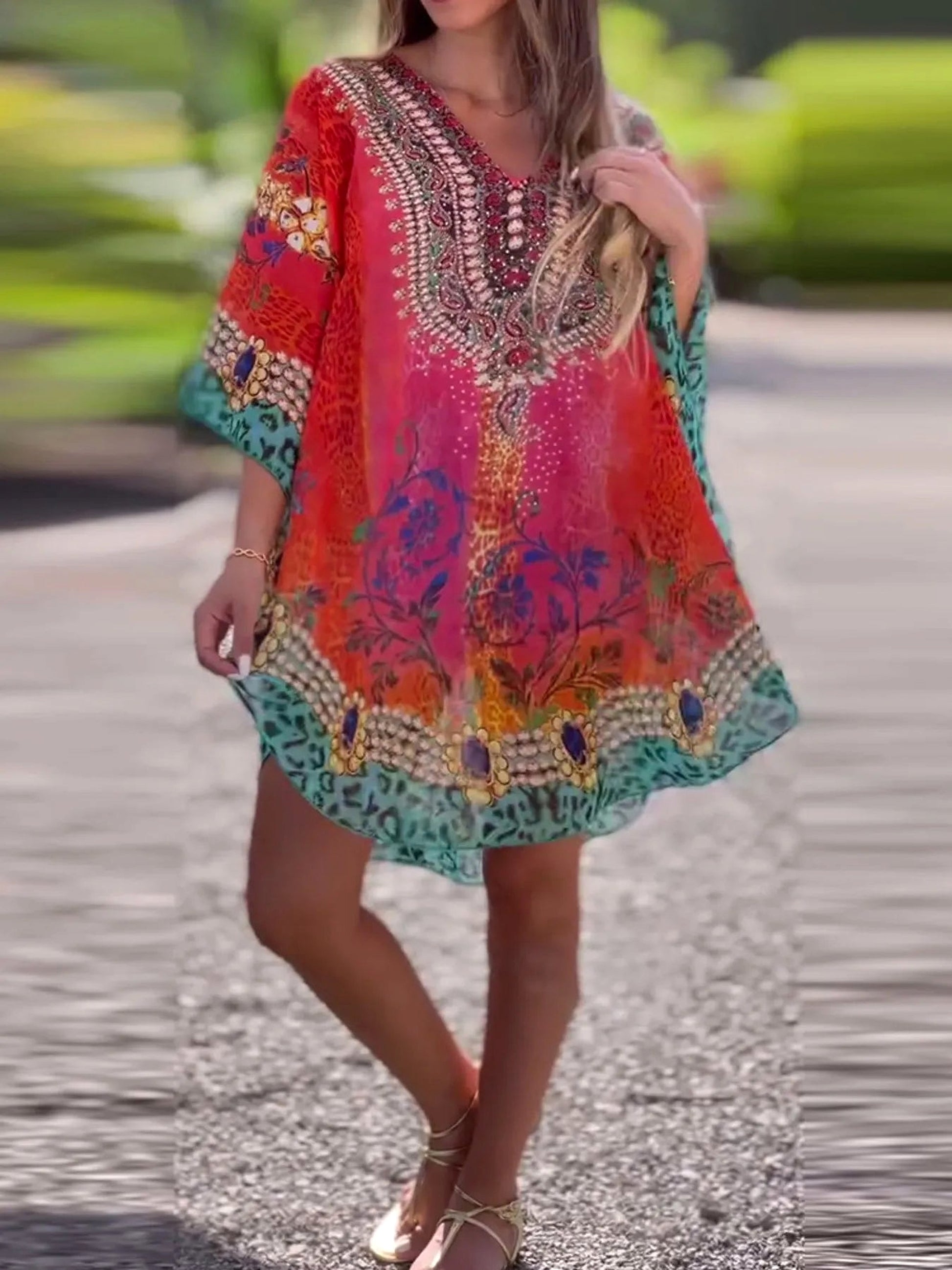 Floral Print V-Neck Cover Up - enhanced image 5