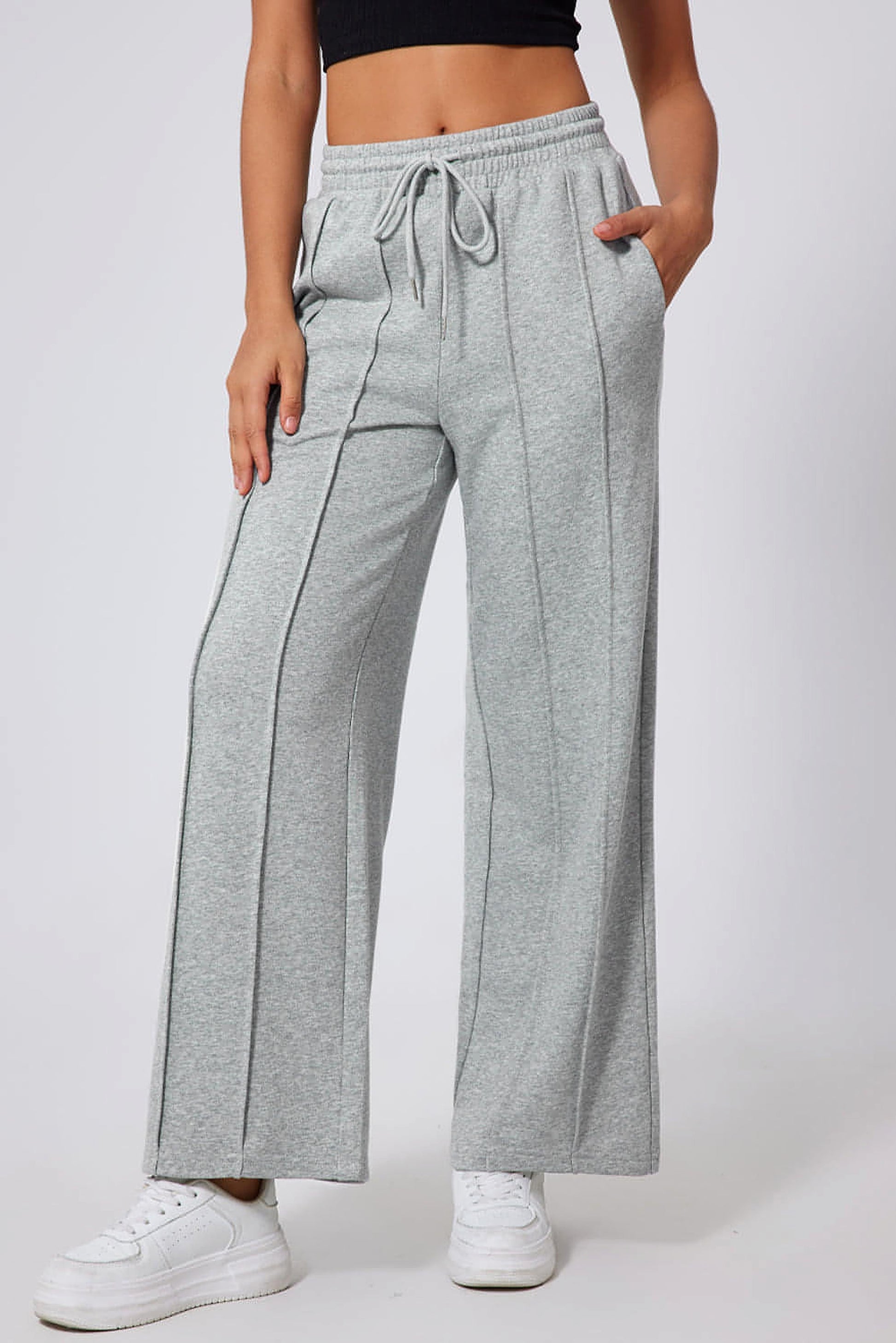 Gray Seamed Drawstring High Waist Wide Leg Sweatpants - enhanced image 5