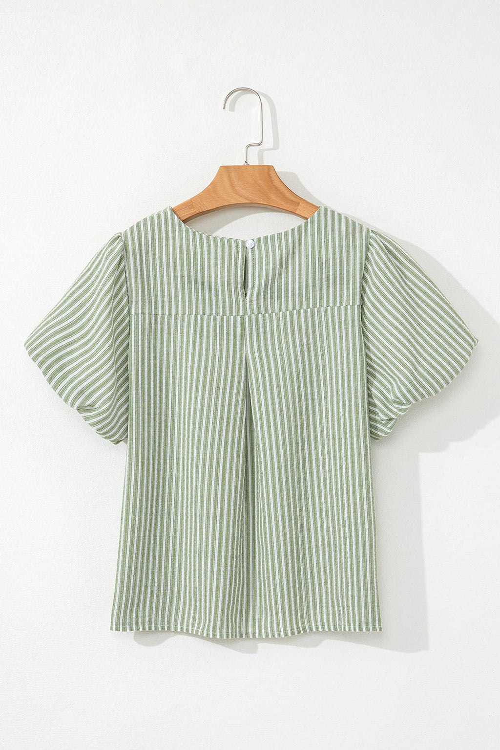 Green Stripe Textured Round Neck Short Puff Sleeve Blouse - enhanced image 5