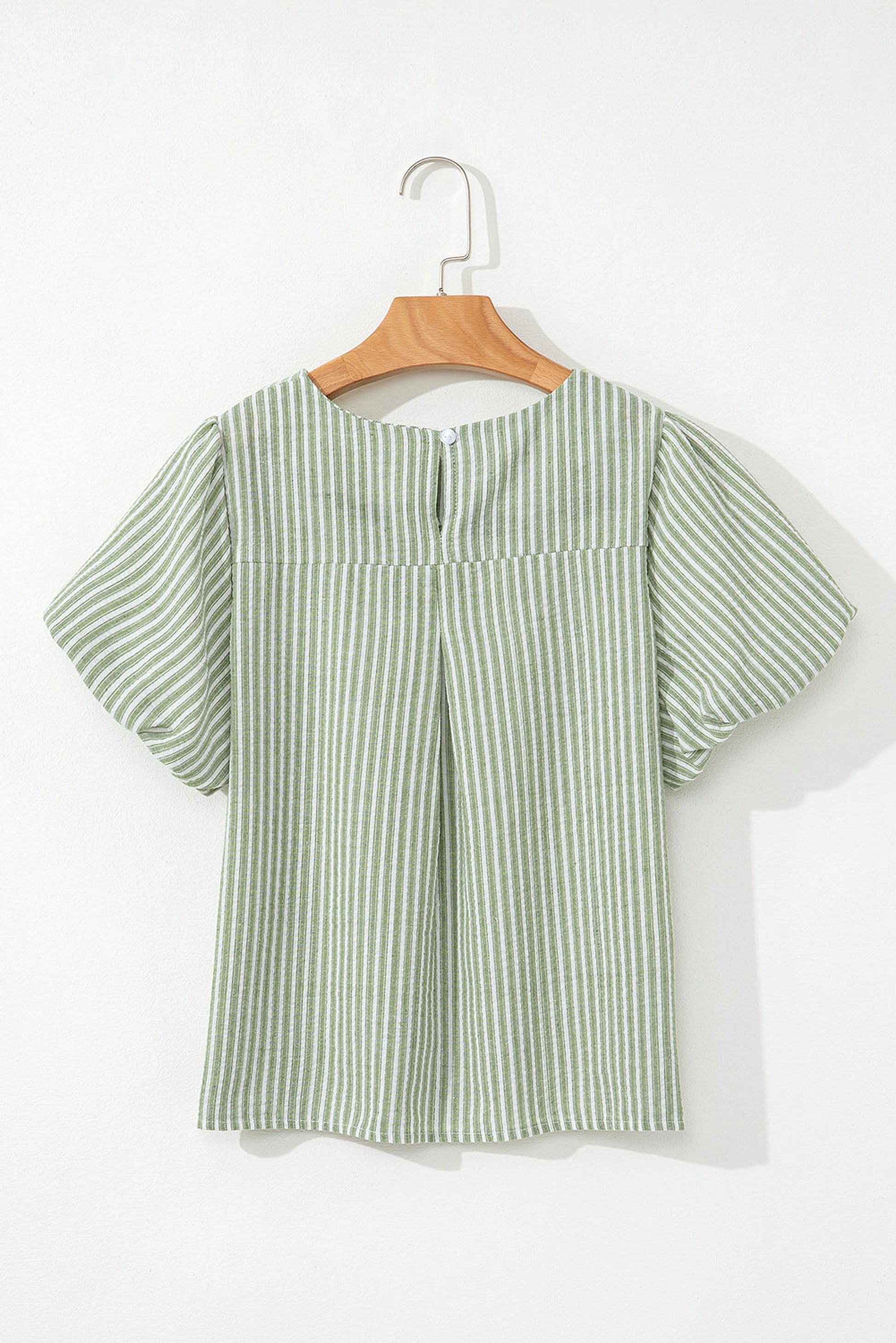Green Stripe Textured Round Neck Short Puff Sleeve Blouse - enhanced image 5