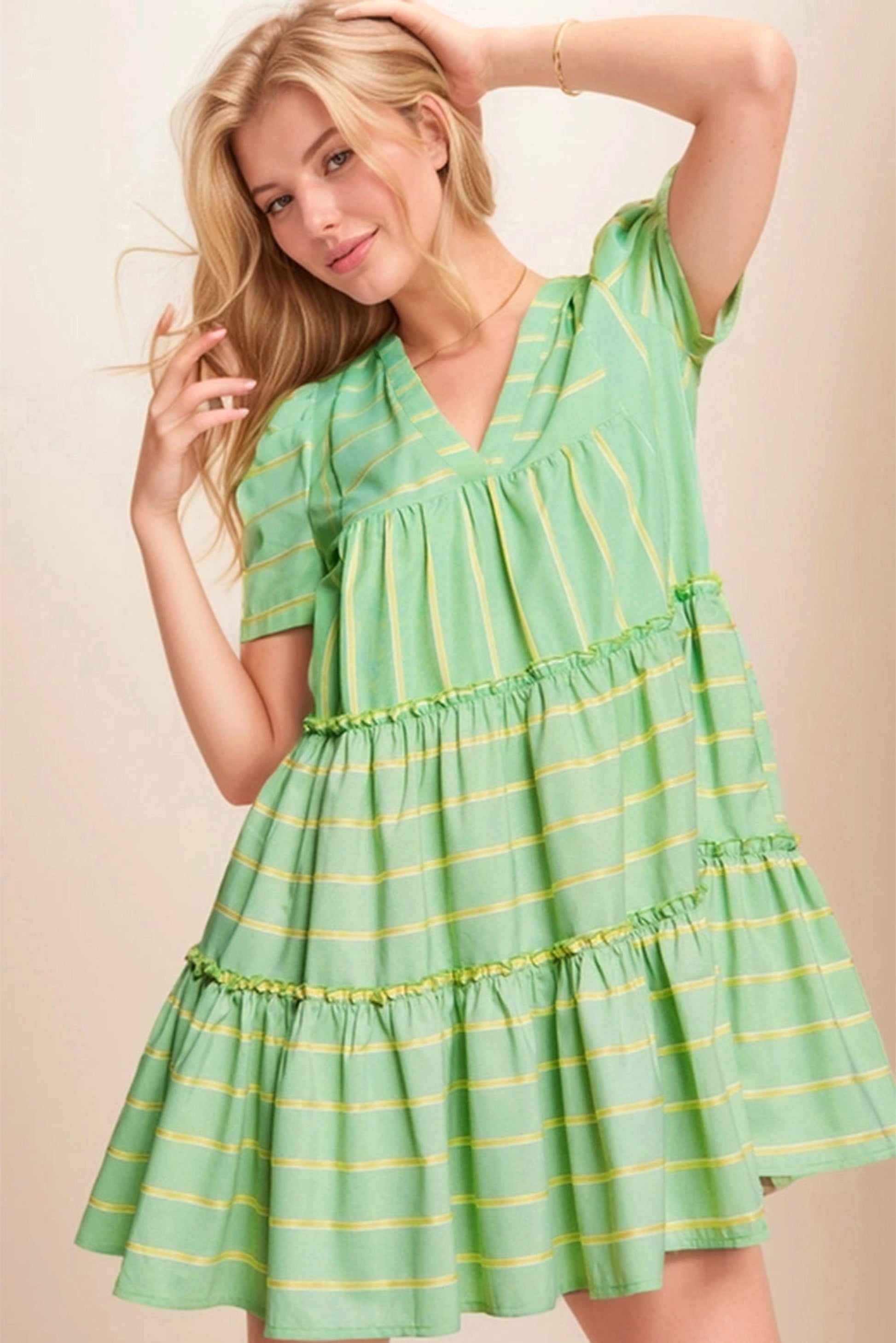 Green Stripe V Neck Short Sleeve Frilled Detail A-line Dress - enhanced image 5