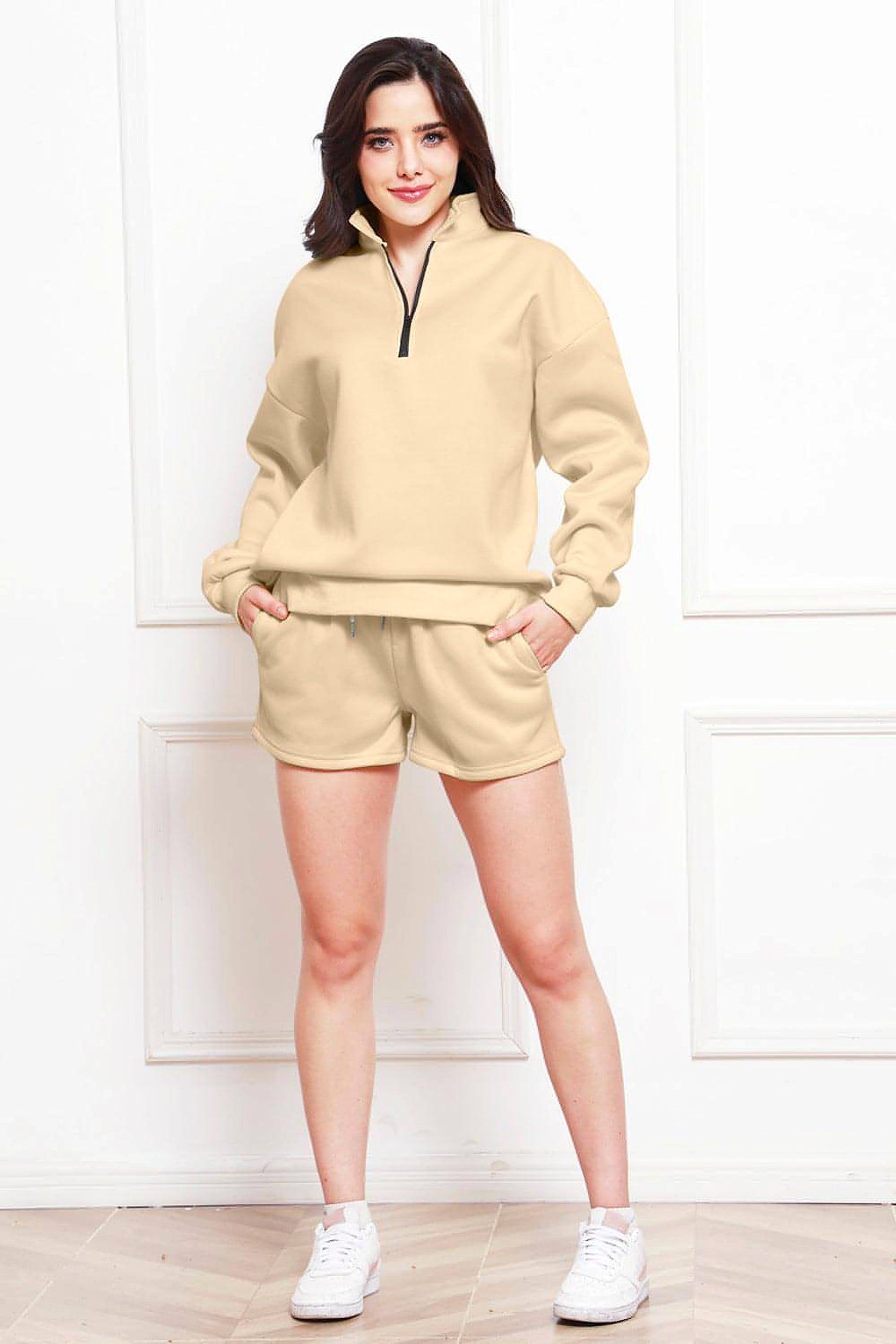 Half Zip Long Sleeve Sweatshirt and Drawstring Shorts Set - enhanced image 5