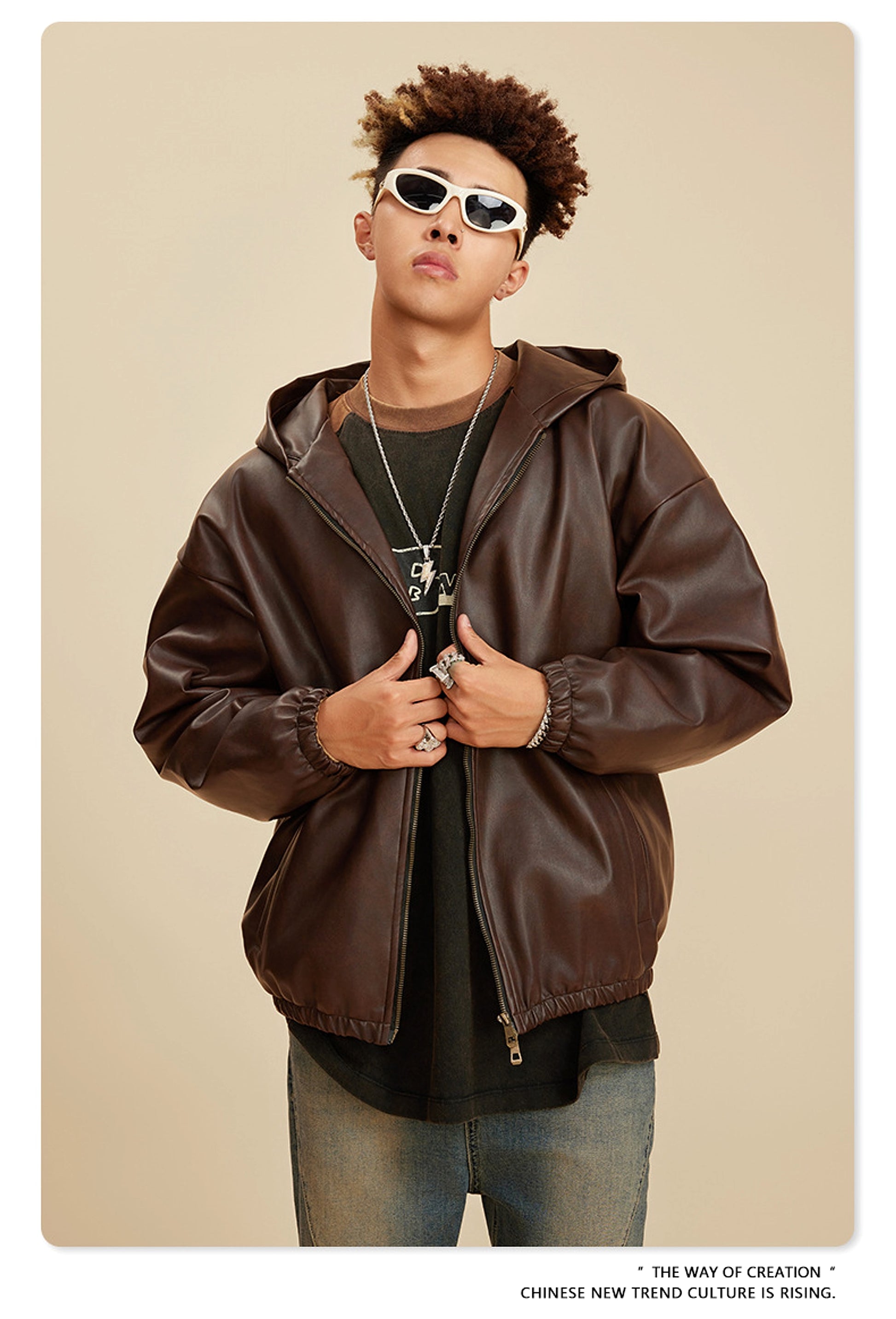 Heavy American Retro Fashion Brand Leather Coat Jacket Ment - enhanced image 5
